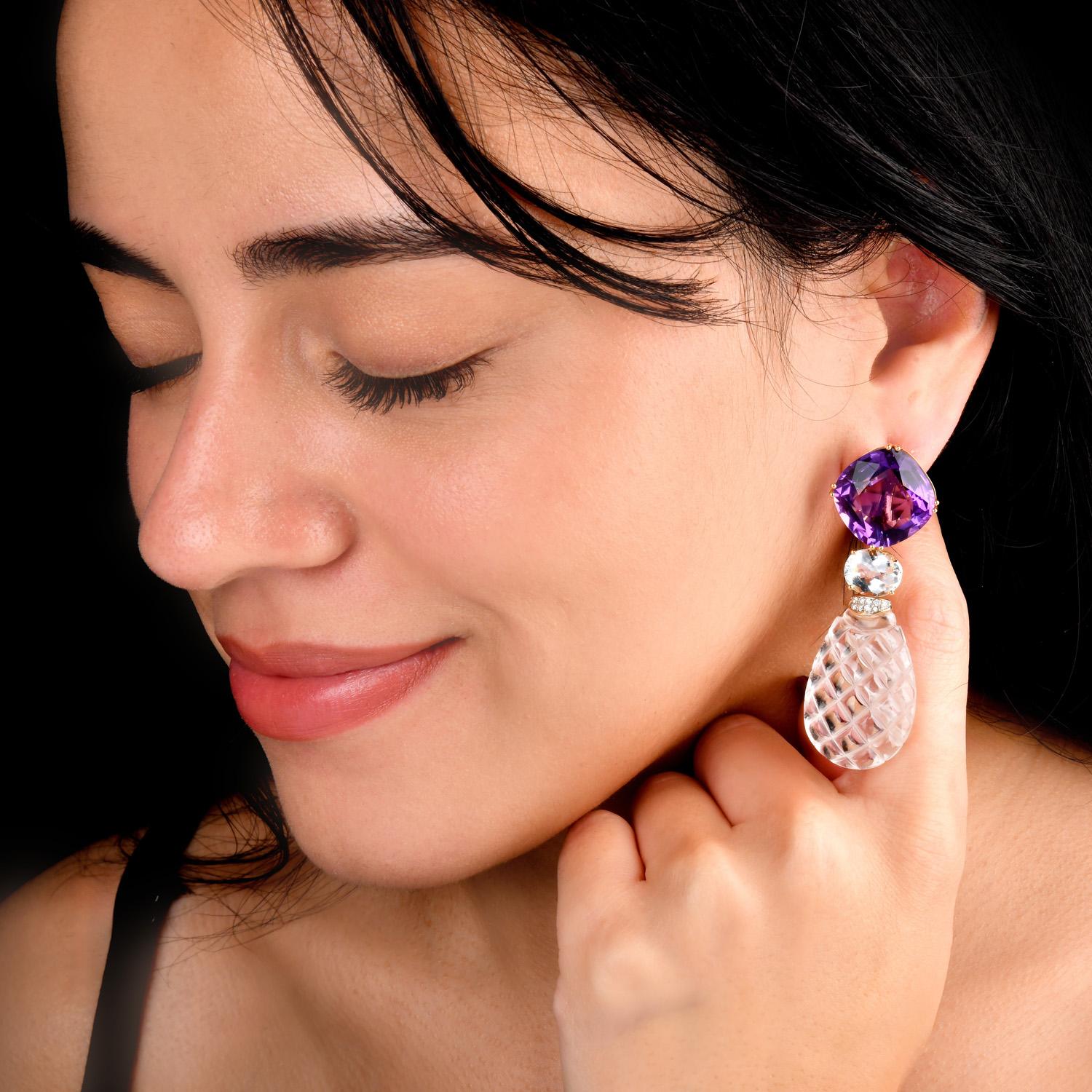 Orecchini con cristalli di rocca, ametista, acquamarina e diamanti in oro 18k in vendita 3