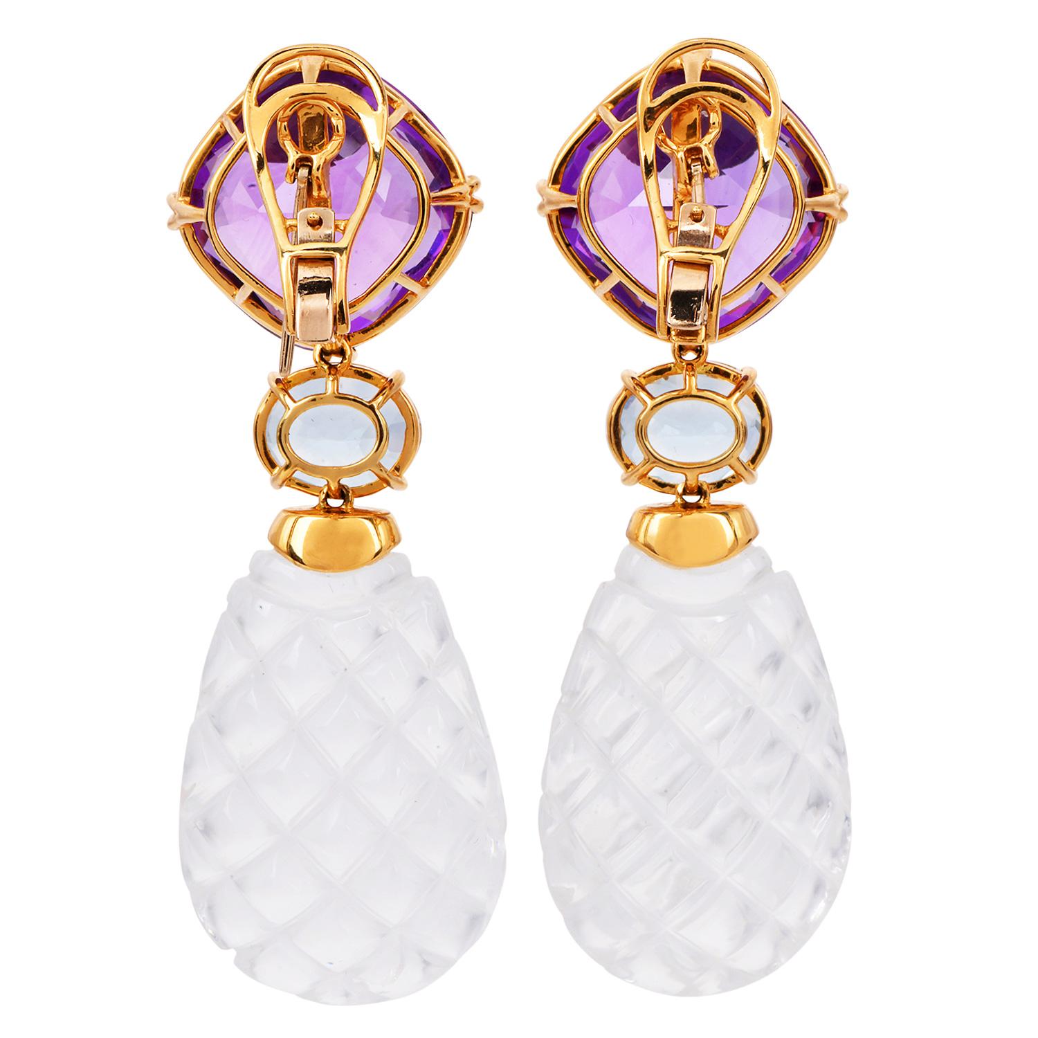 Orecchini con cristalli di rocca, ametista, acquamarina e diamanti in oro 18k in vendita 4