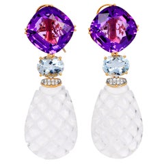 Rock Crystal, Amethyst, Aquamarine & Diamond Drop 18k Gold Earrings