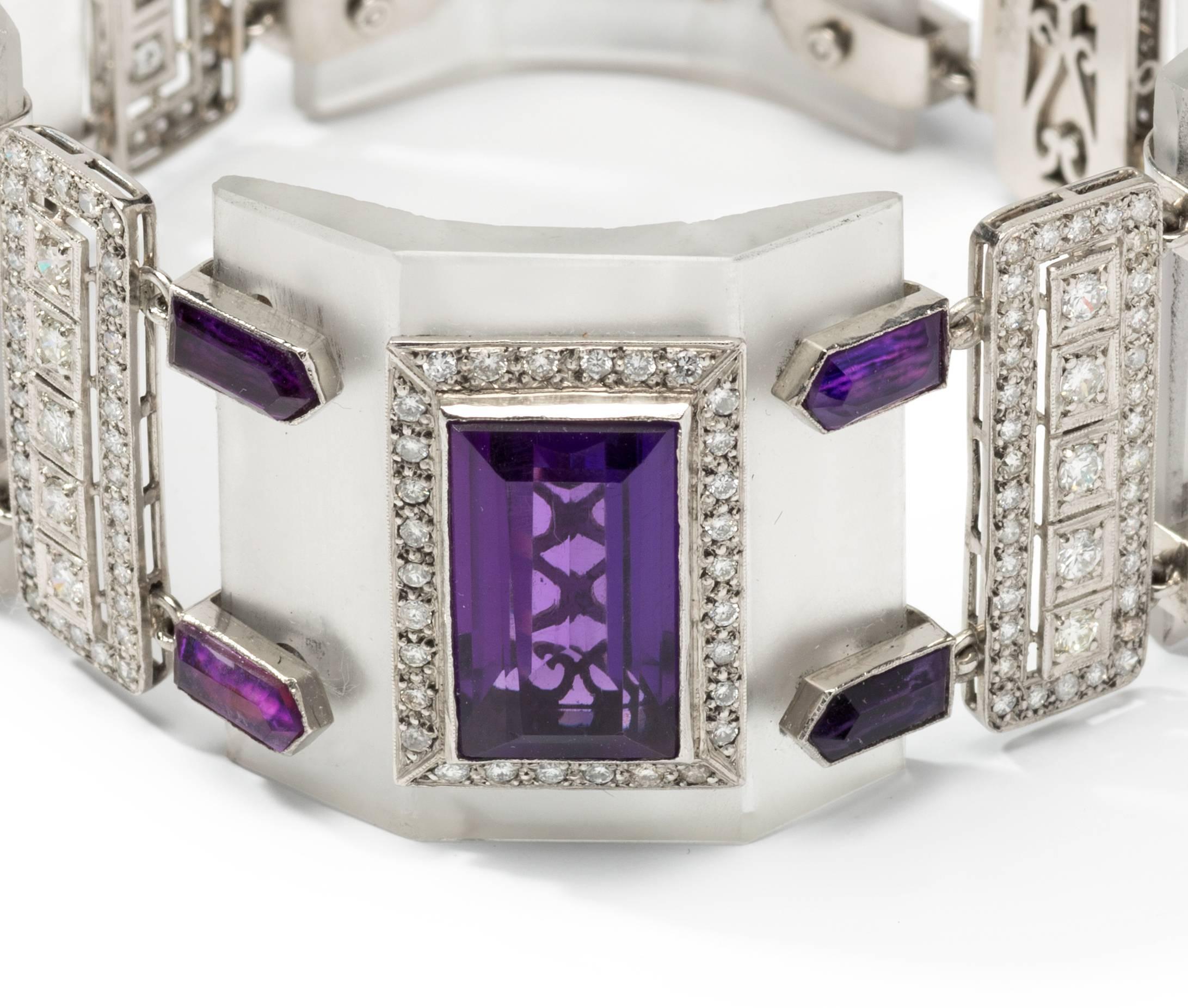 Brilliant Cut Rock Crystal Amethyst Diamond Platinum Link Bracelet For Sale