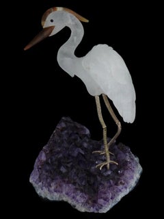 Rock Crystal And Agate Bird Sculpture On Amethyst Base
