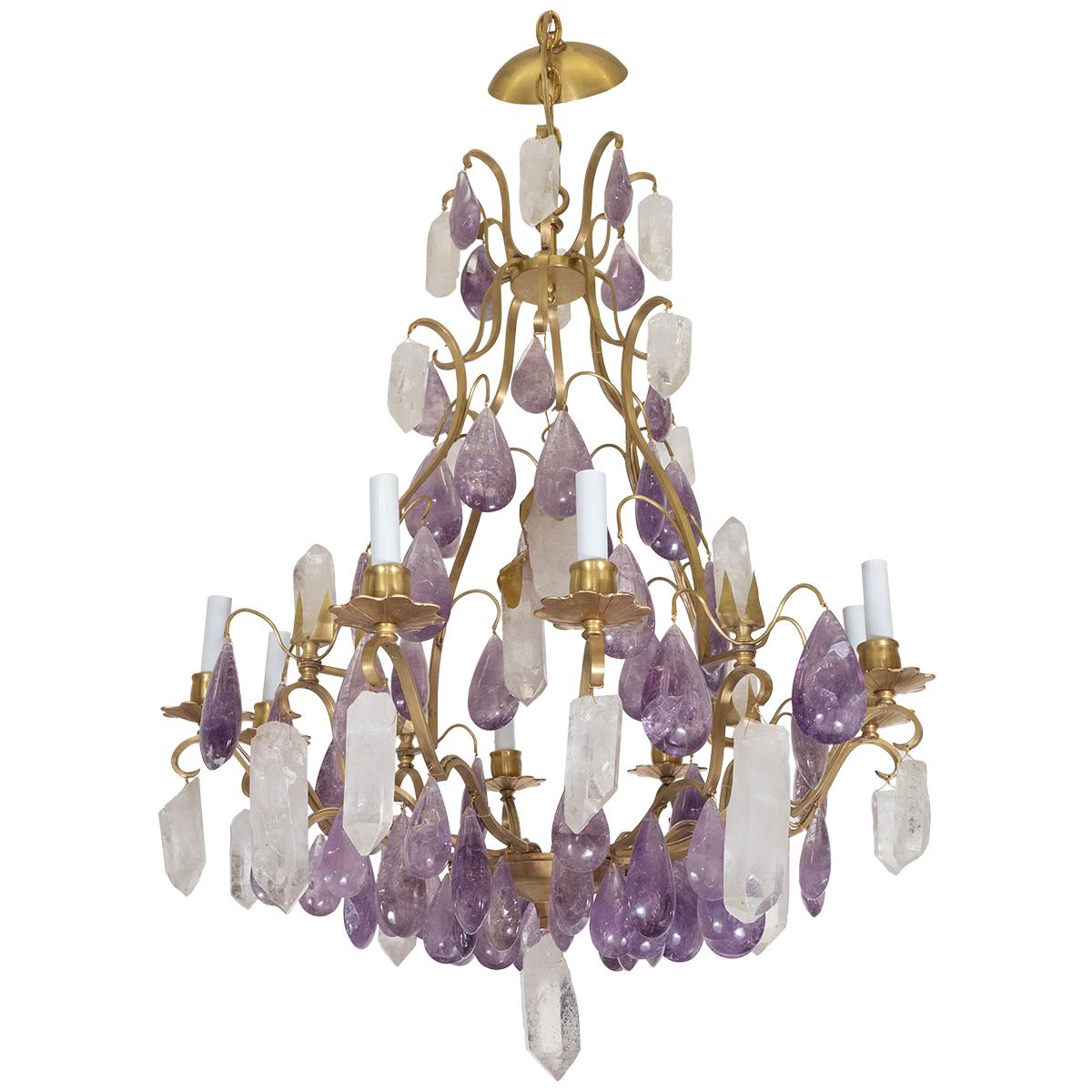Vintage brass chandelier frame restored with custom polished amethyst and rock crystal drop elements.