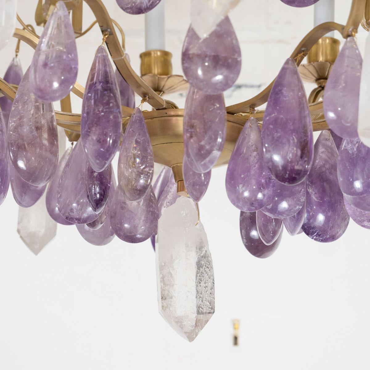 Mid-Century Modern Rock Crystal and Amethyst Drop Chandelier For Sale
