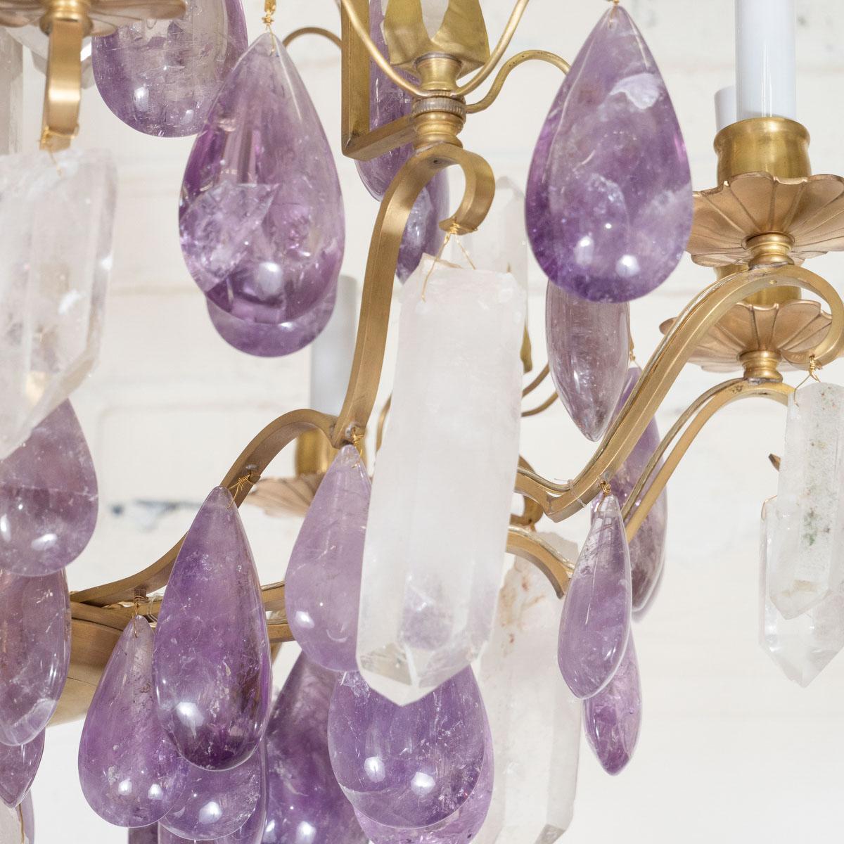 American Rock Crystal and Amethyst Drop Chandelier For Sale