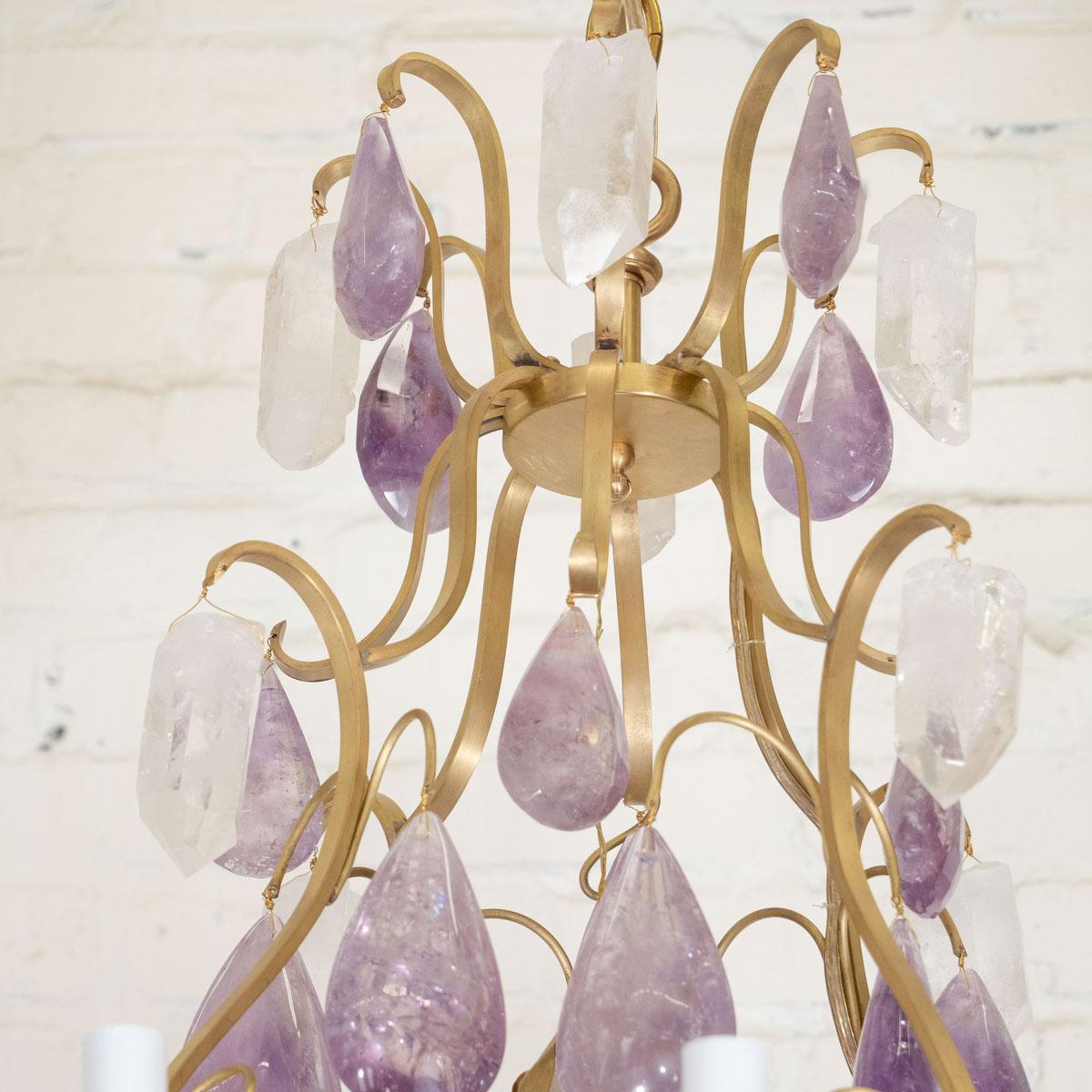 Contemporary Rock Crystal and Amethyst Drop Chandelier For Sale