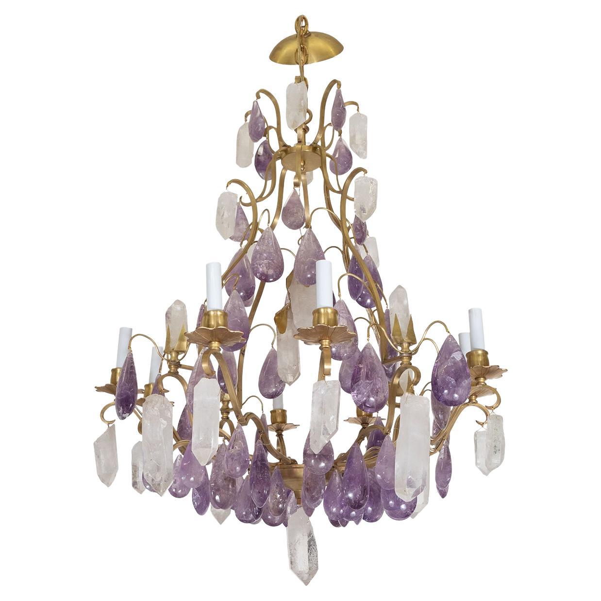 Rock Crystal and Amethyst Drop Chandelier For Sale