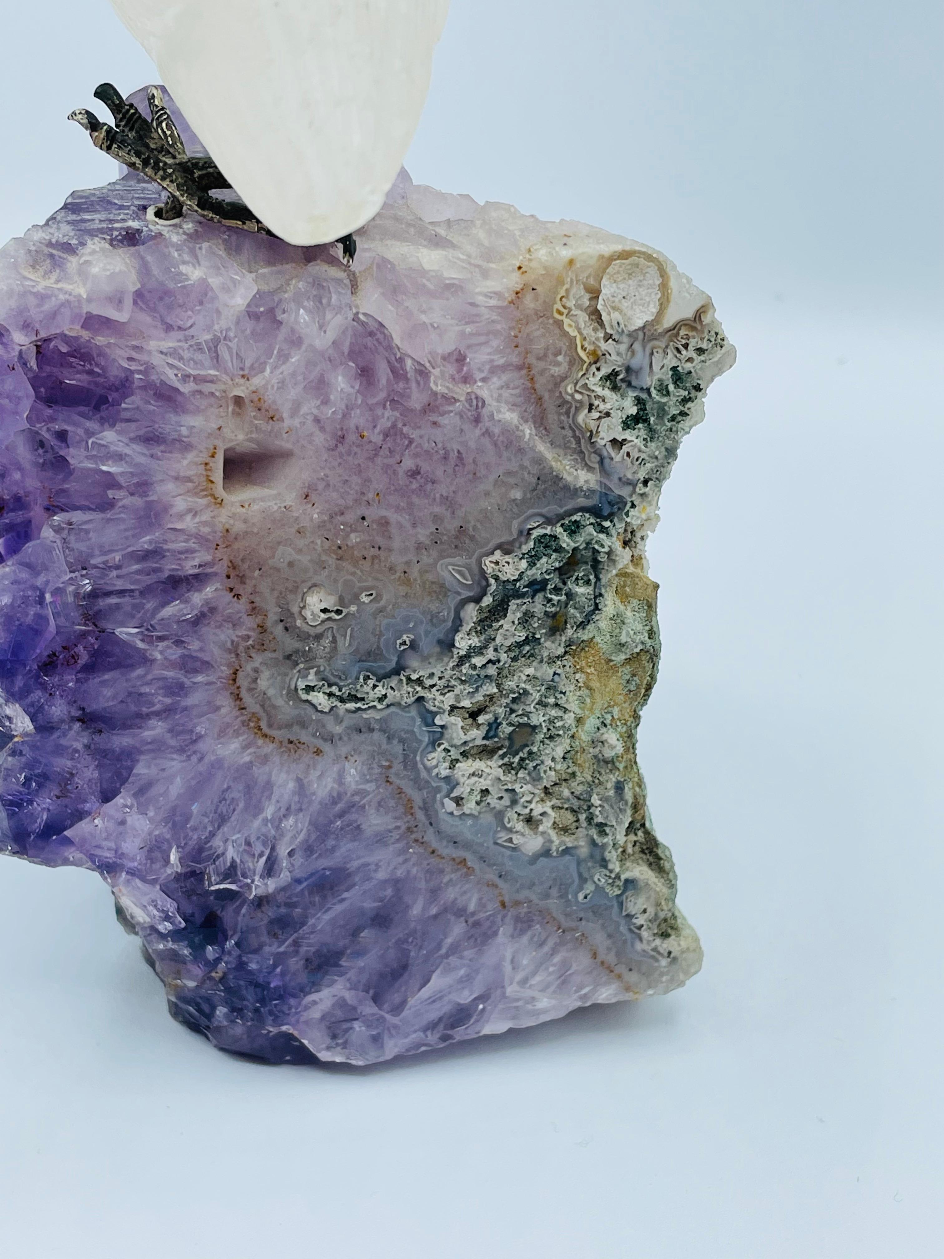 Rock Crystal and Amethyst Geode Sculpture of a Carved Parrot Bird 1
