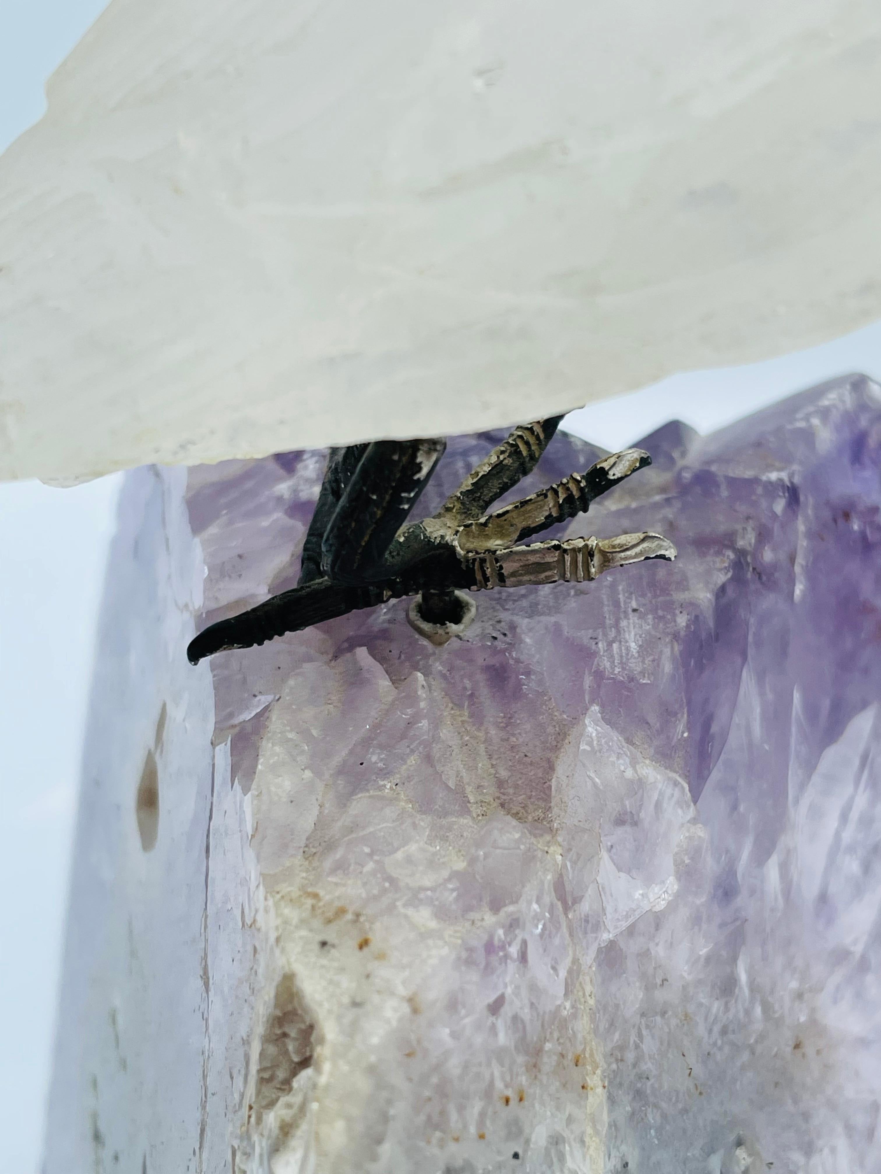 Rock Crystal and Amethyst Geode Sculpture of a Carved Parrot Bird 3