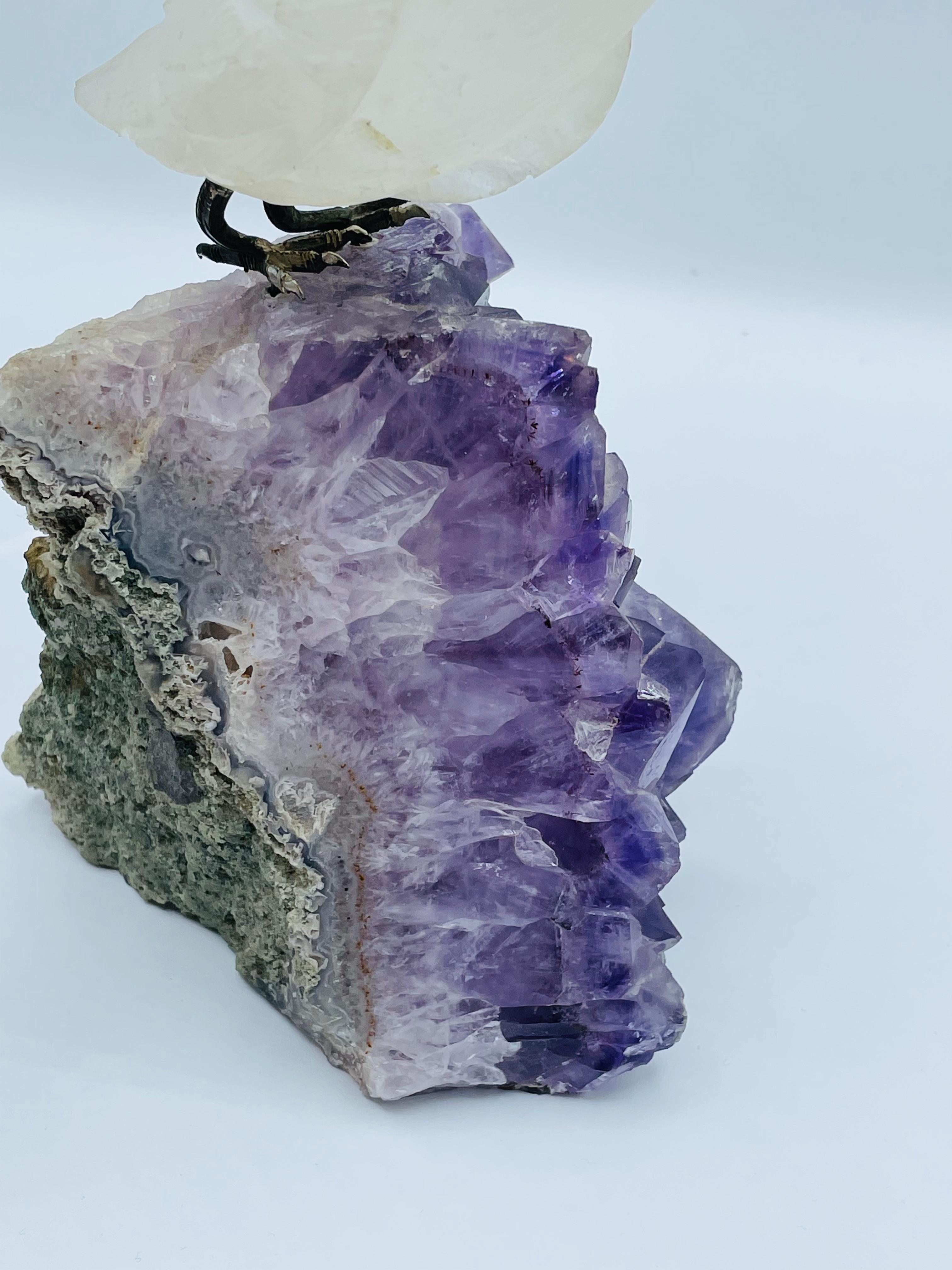 Rock Crystal and Amethyst Geode Sculpture of a Carved Parrot Bird 4