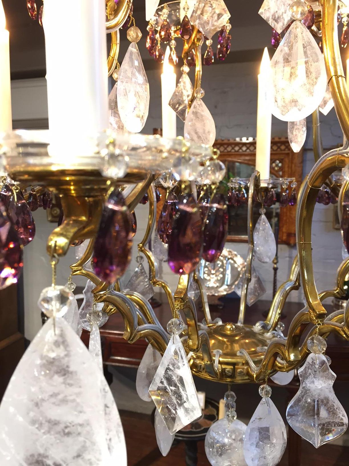 Belle Époque 20th Century Rock Crystal and Amethyst Glass Eighteen-Light Chandelier  For Sale