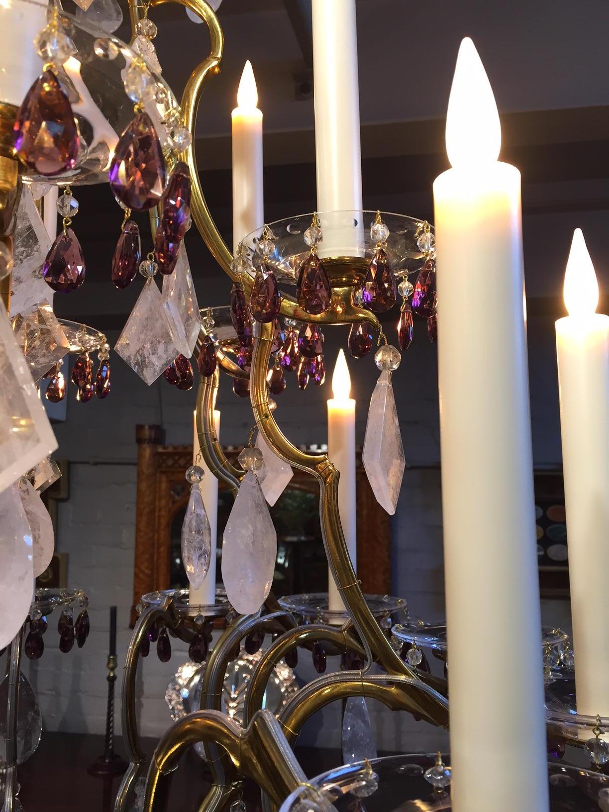 English 20th Century Rock Crystal and Amethyst Glass Eighteen-Light Chandelier  For Sale