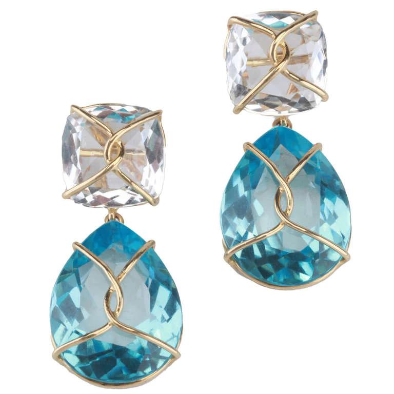 Contemporary Rock Crystal and Blue Topaz Twisted Gold Drop Earrings For Sale