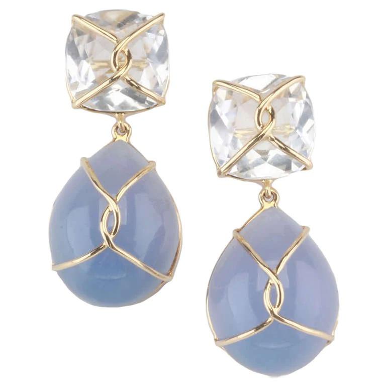 Rock Crystal and Blue Topaz Twisted Gold Drop Earrings For Sale 1