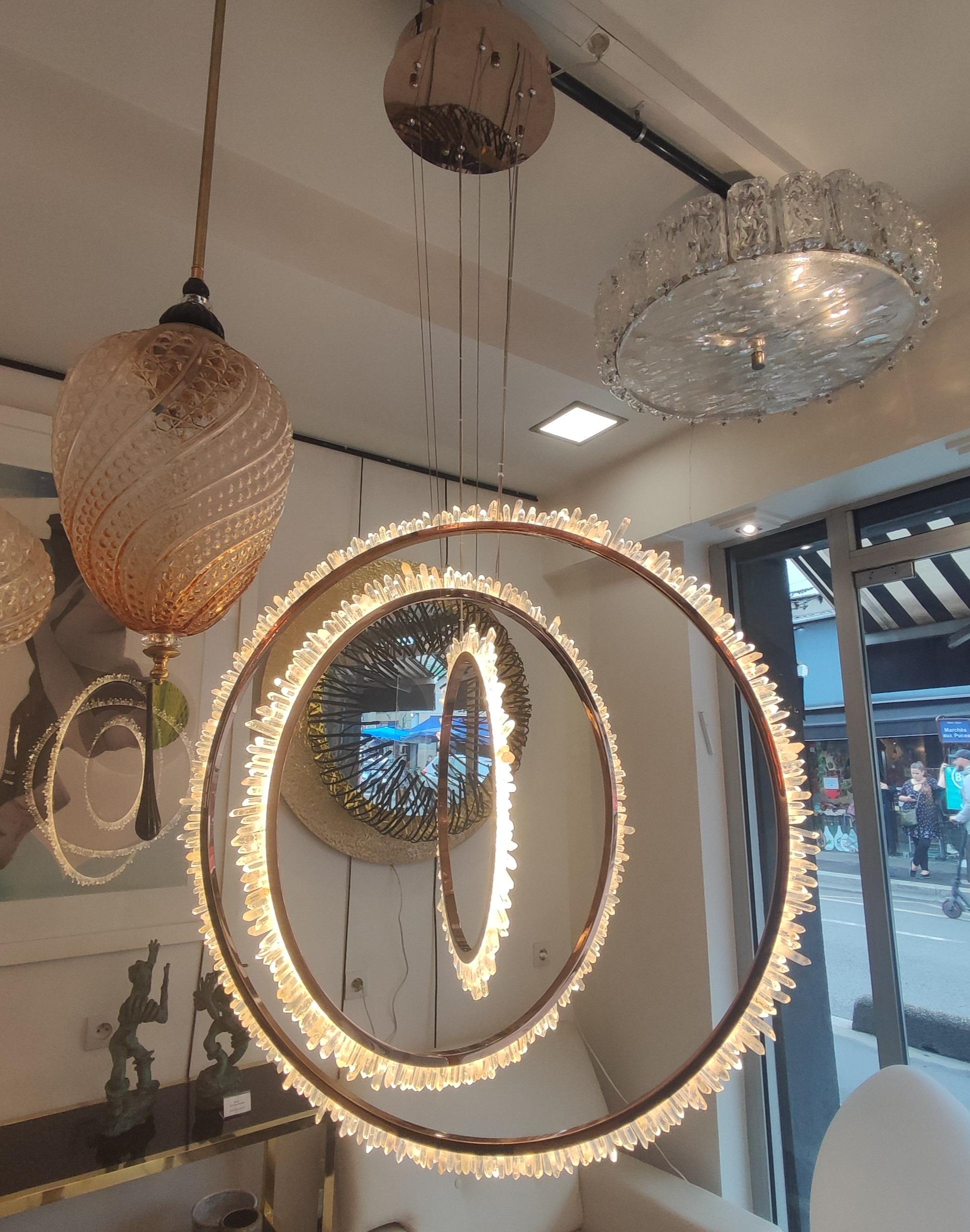 Rock Crystal and Brass Circles Ceiling Light For Sale 7