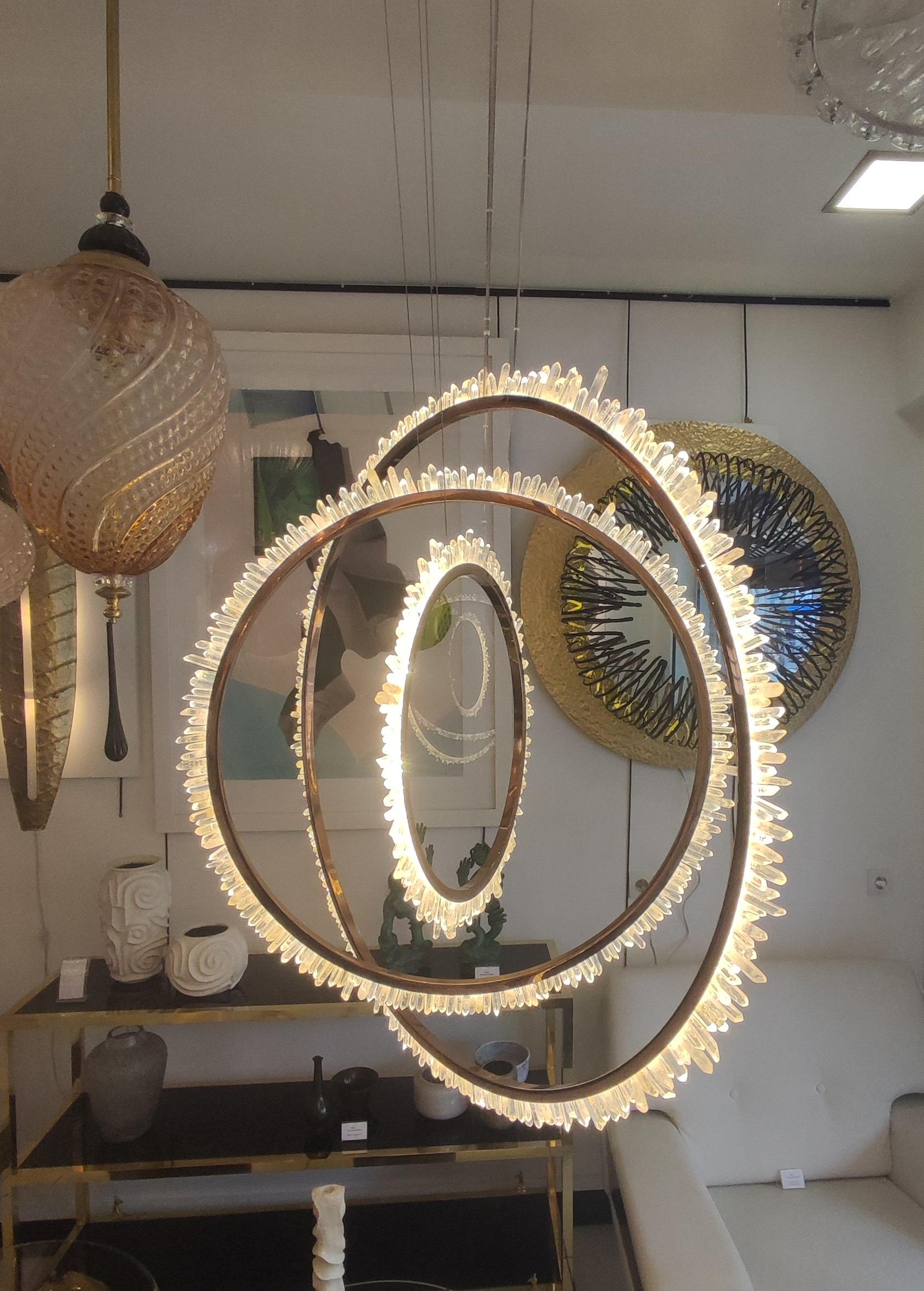 Modern Rock Crystal and Brass Circles Ceiling Light For Sale