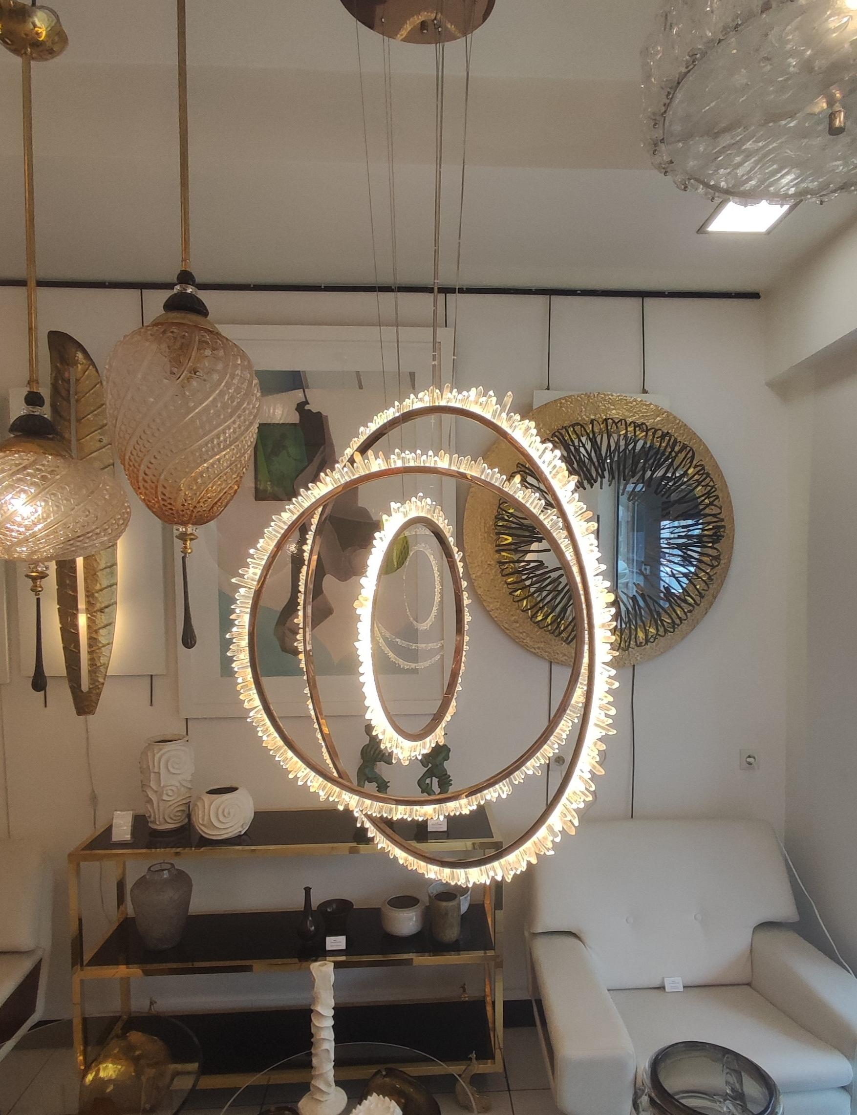 French Rock Crystal and Brass Circles Ceiling Light For Sale