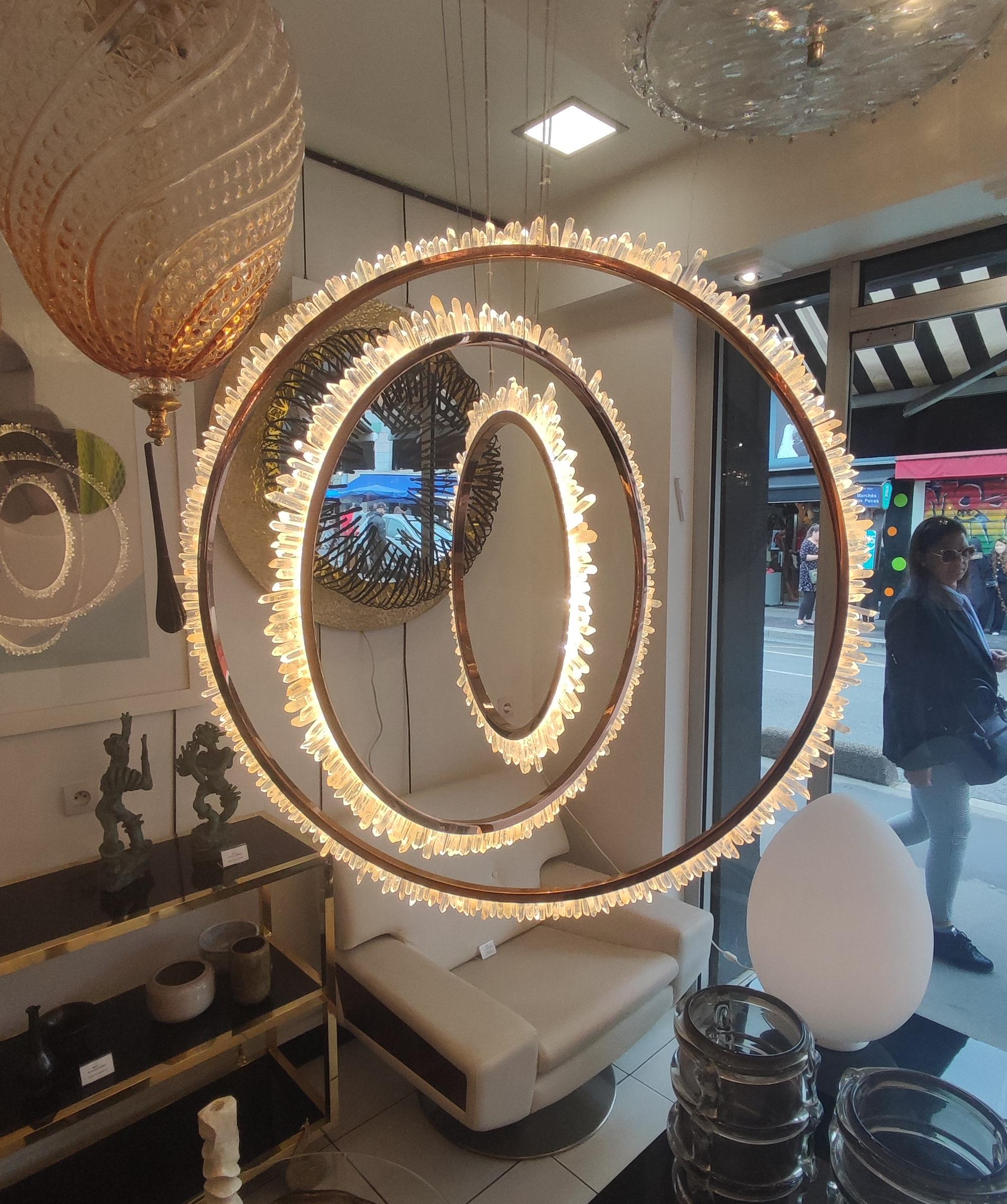 Contemporary Rock Crystal and Brass Circles Ceiling Light For Sale