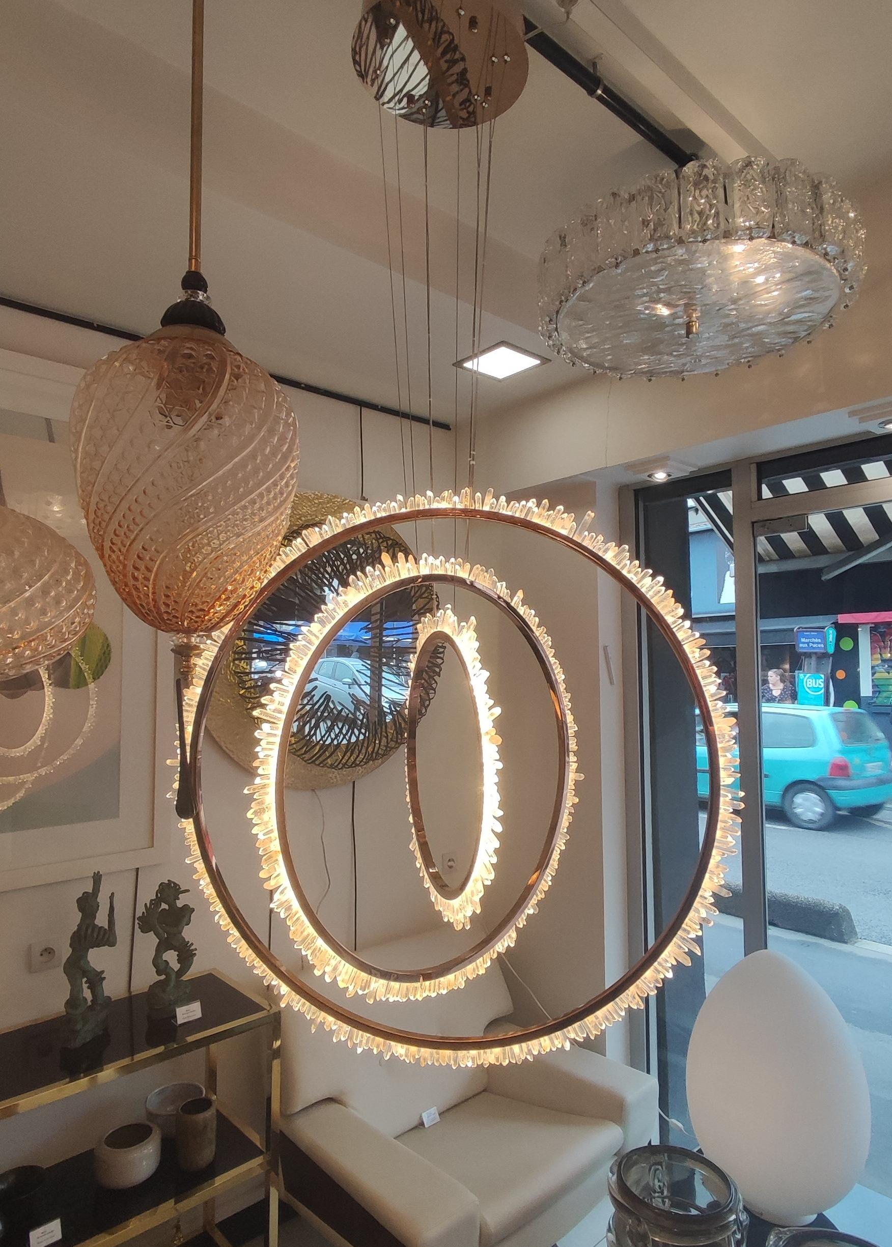 Rock Crystal and Brass Circles Ceiling Light For Sale 3