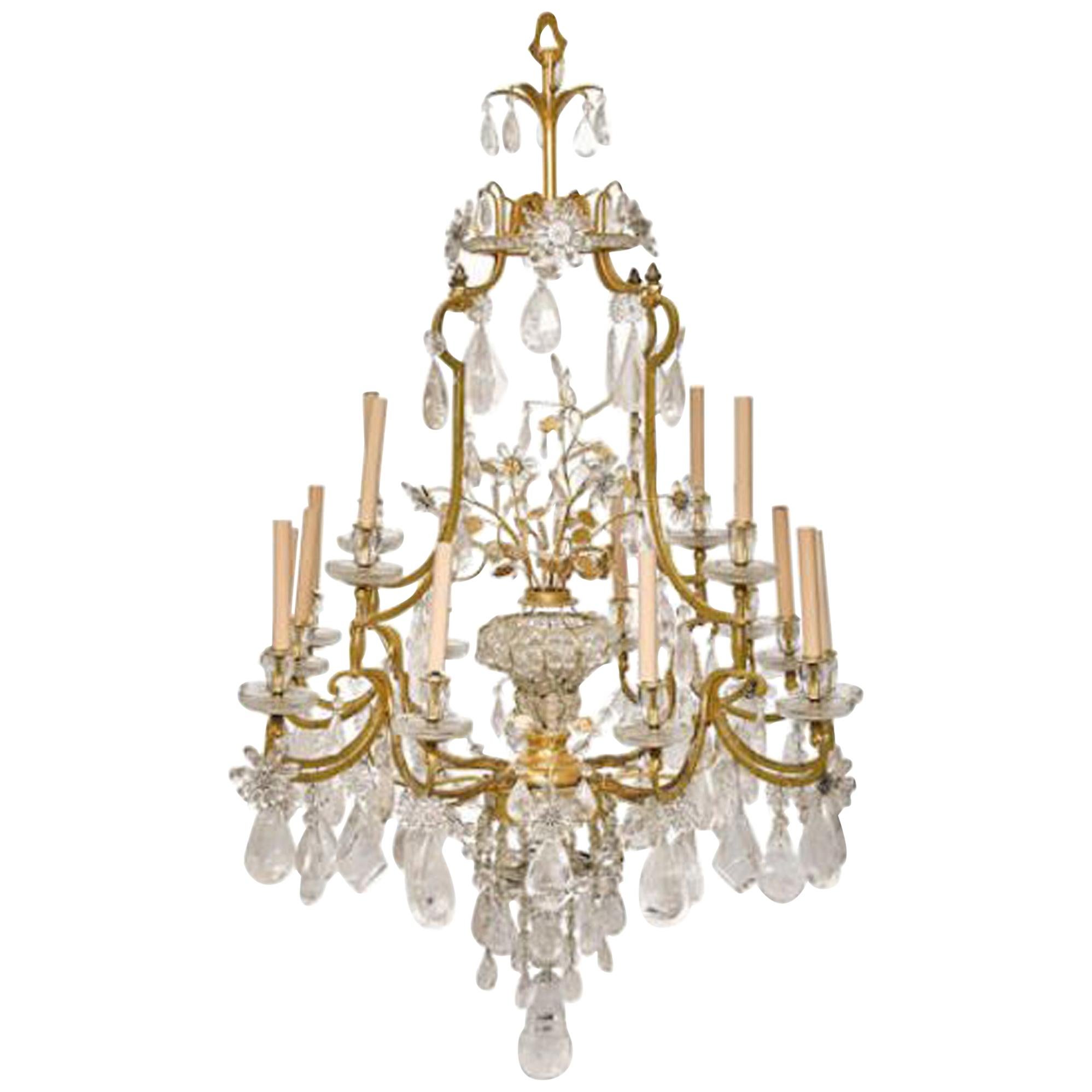 Rock Crystal and Bronze 17-Light Chandelier, circa 1900 For Sale