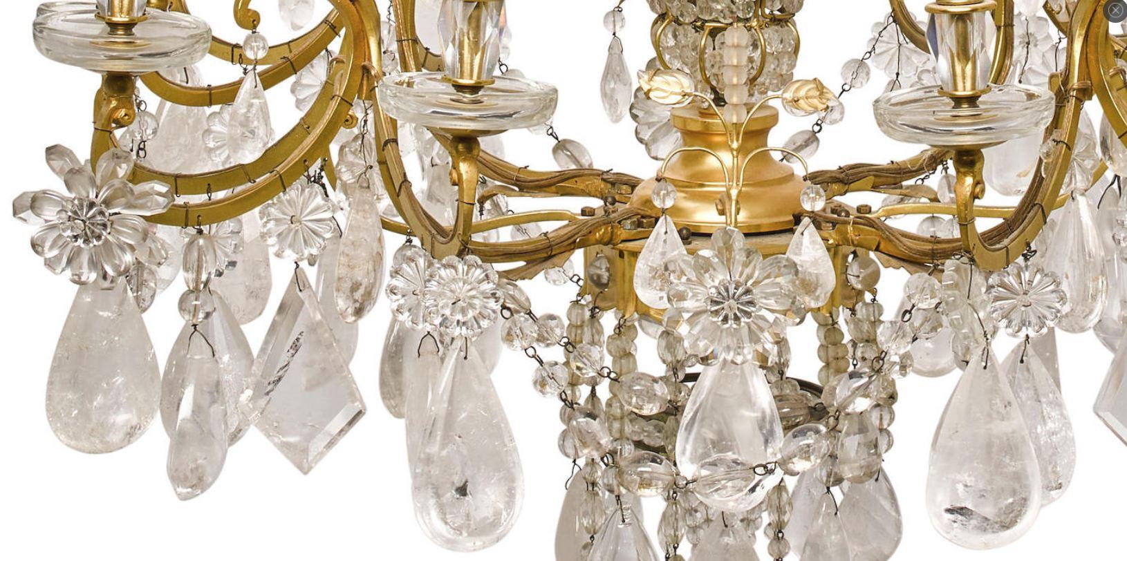 Neoclassical Rock Crystal and Bronze 17-Light Chandelier, circa 1900 For Sale
