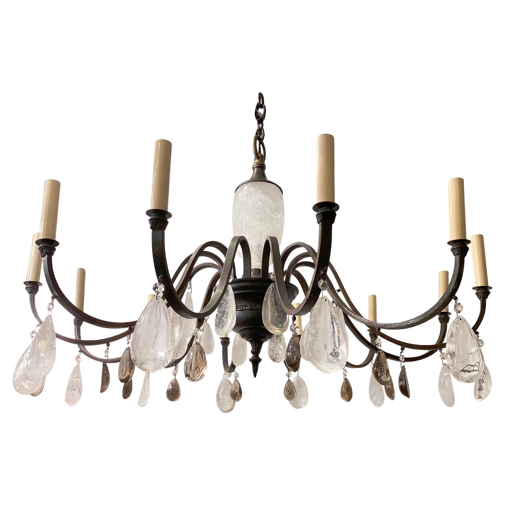 Rock Crystal and Bronze Chandelier For Sale