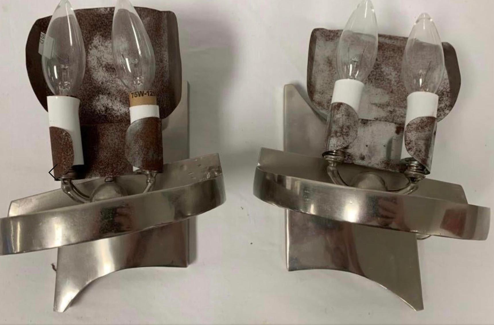 20th Century Rock Crystal and Chrome Wall Sconces, a Pair For Sale