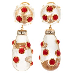 Rock Crystal and Coral Ear-Pendants