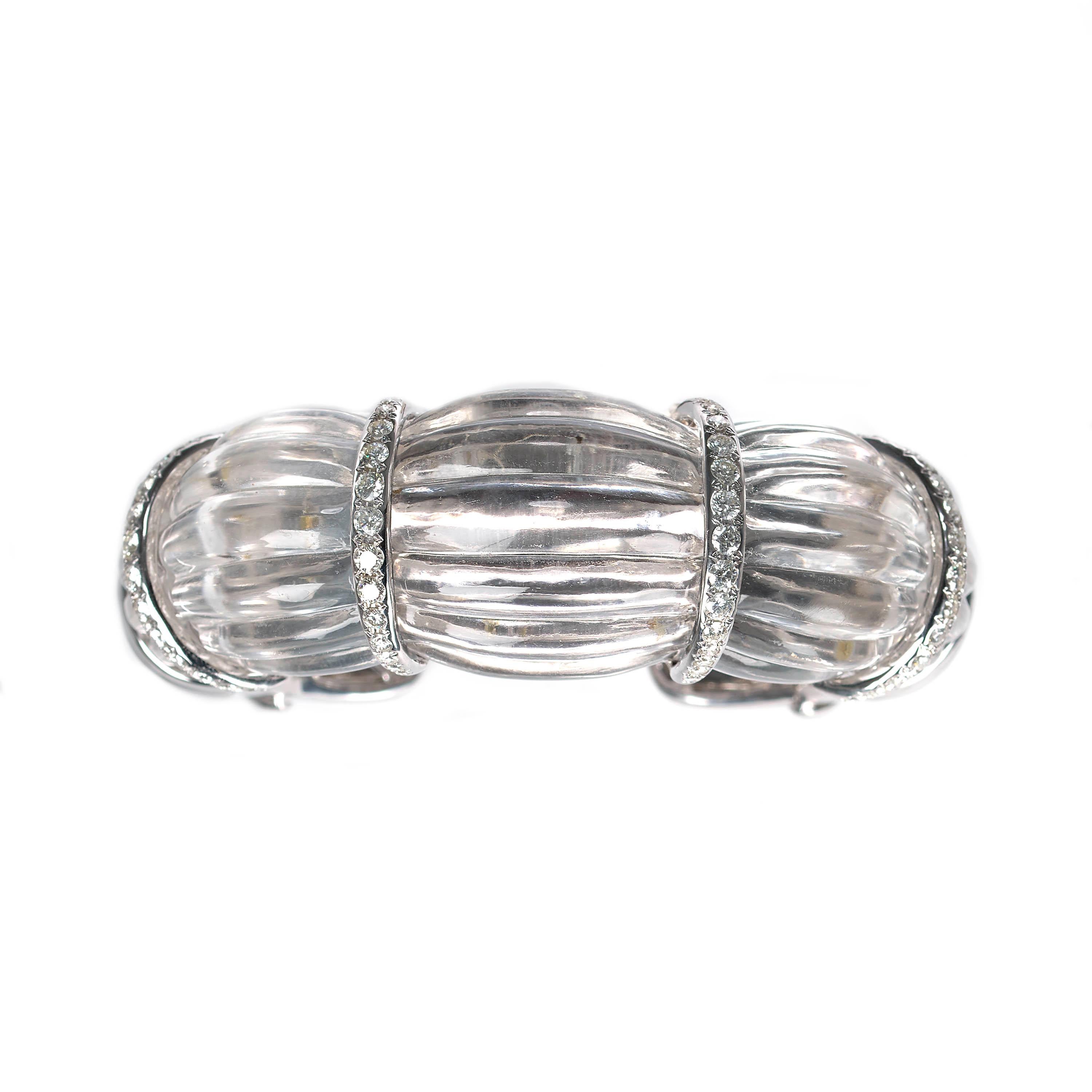 Contemporary Rock Crystal and Diamond Cuff Bangle, 2.50 Carats For Sale