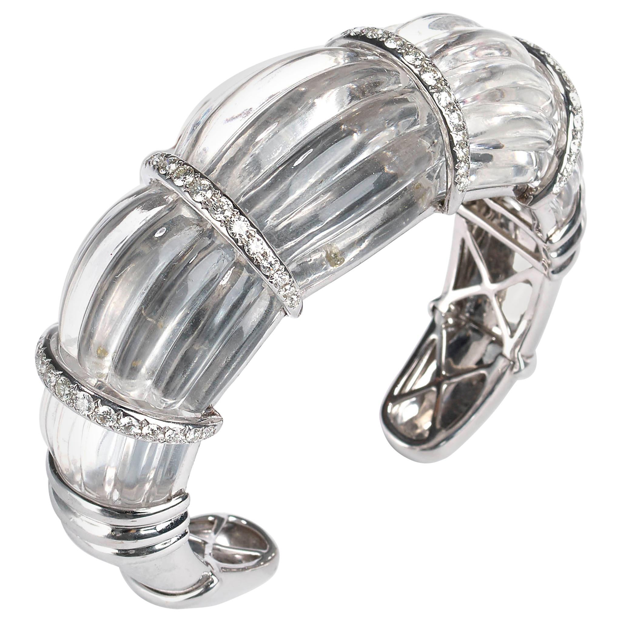 Rock Crystal and Diamond Cuff Bangle, 2.50 Carats For Sale