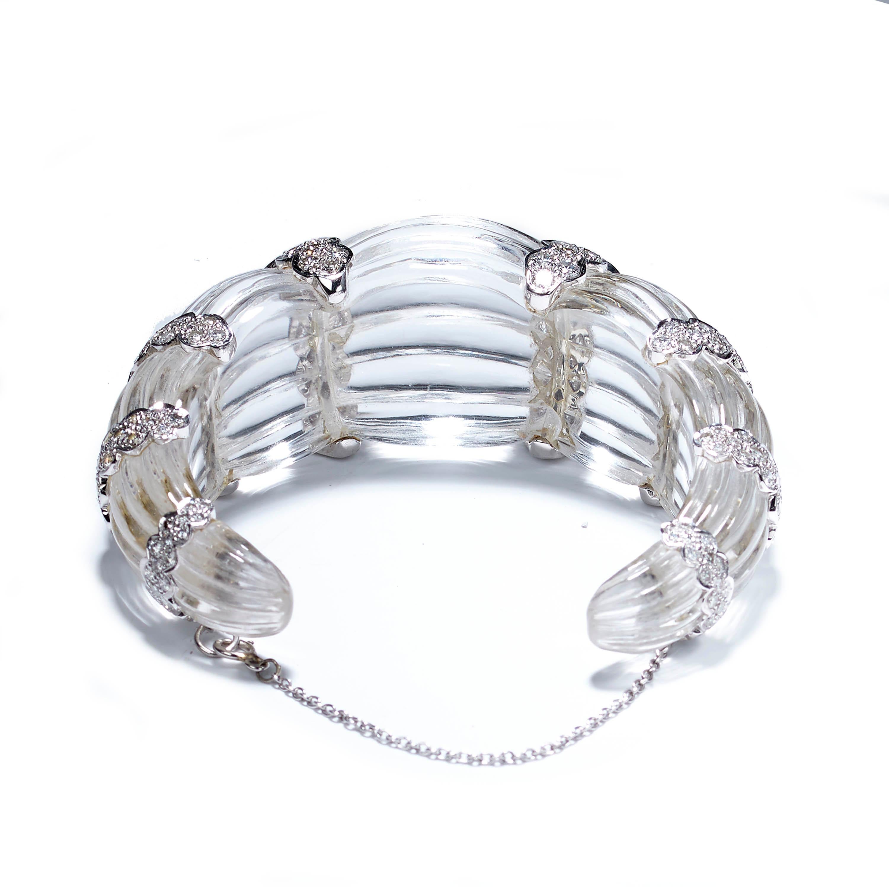 Contemporary Rock Crystal and Diamond Cuff Bangle, 7.00 Carats For Sale