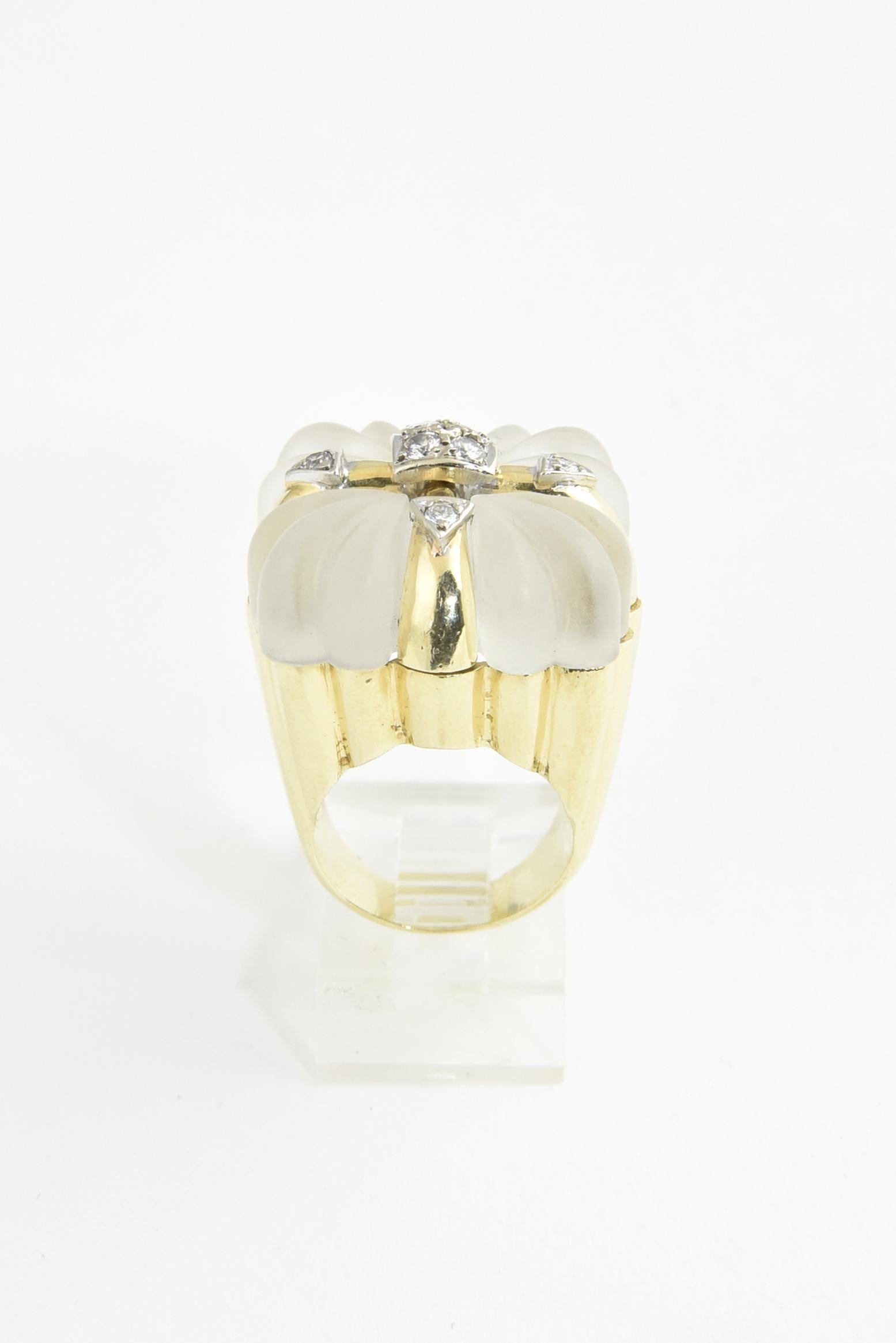 Round Cut Rock Crystal and Diamond Gold Present Cocktail Ring For Sale