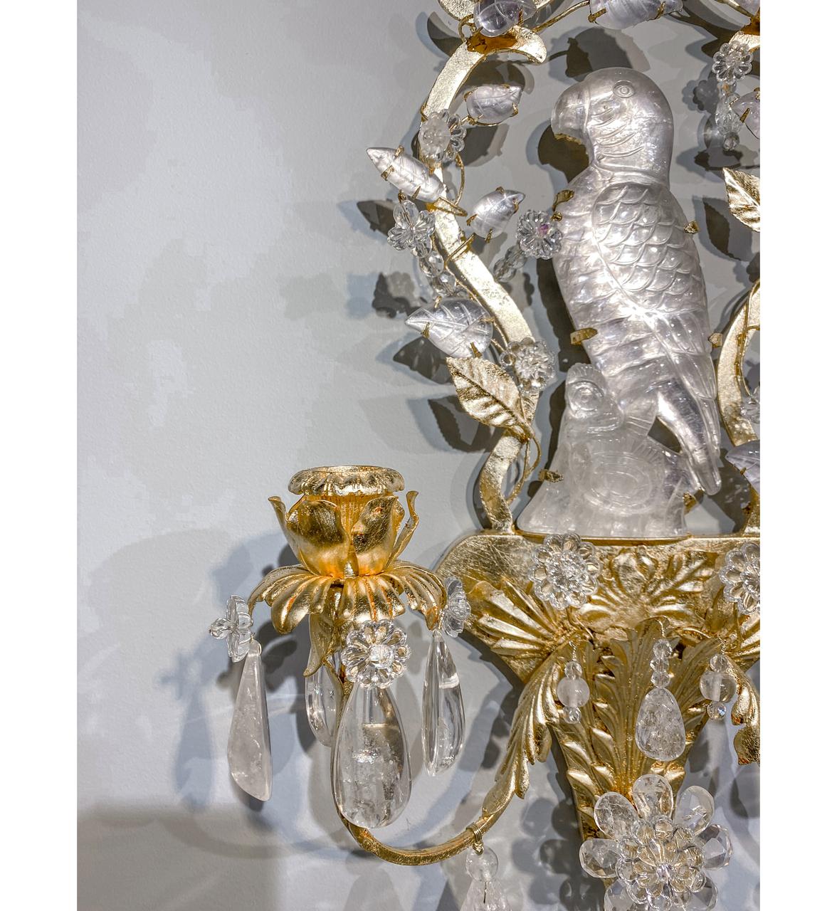 Rock Crystal and Gilt Bronze Sconces with Floral Accents & Carved Perched Parrot In Good Condition For Sale In New York, NY
