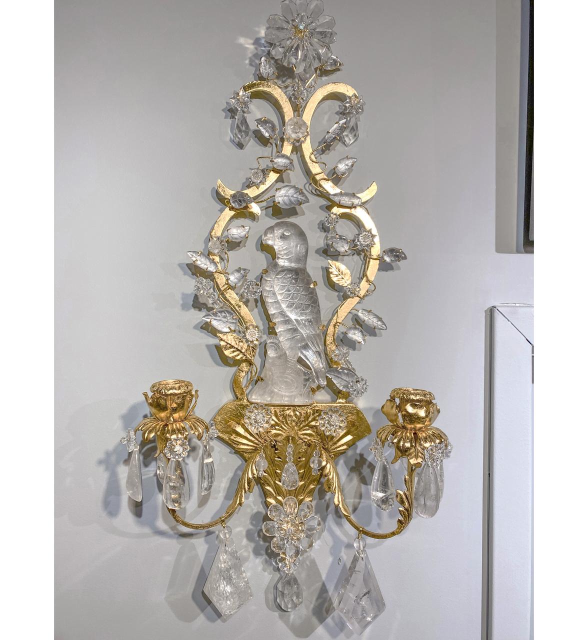 20th Century Rock Crystal and Gilt Bronze Sconces with Floral Accents & Carved Perched Parrot For Sale