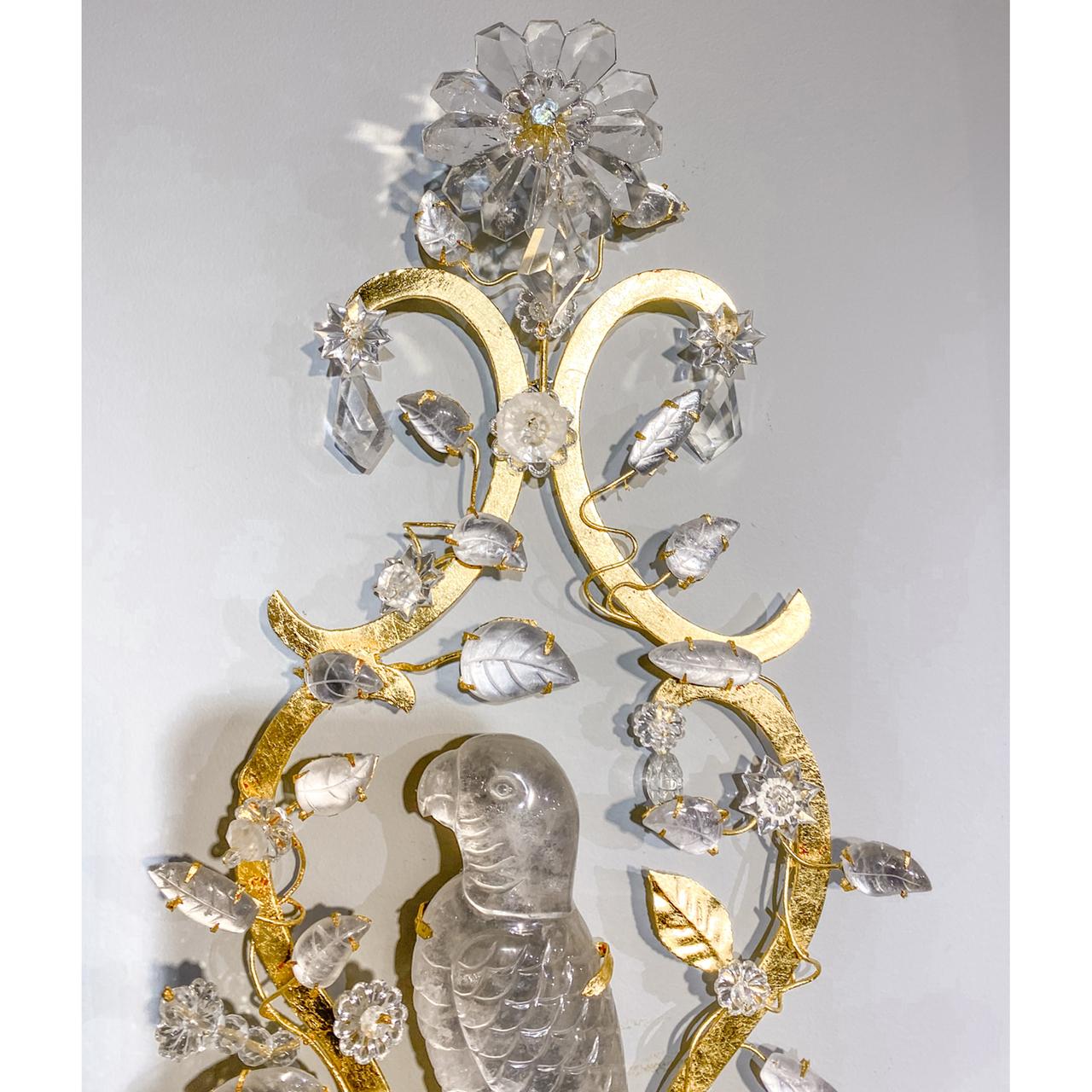 Rock Crystal and Gilt Bronze Sconces with Floral Accents & Carved Perched Parrot For Sale 1