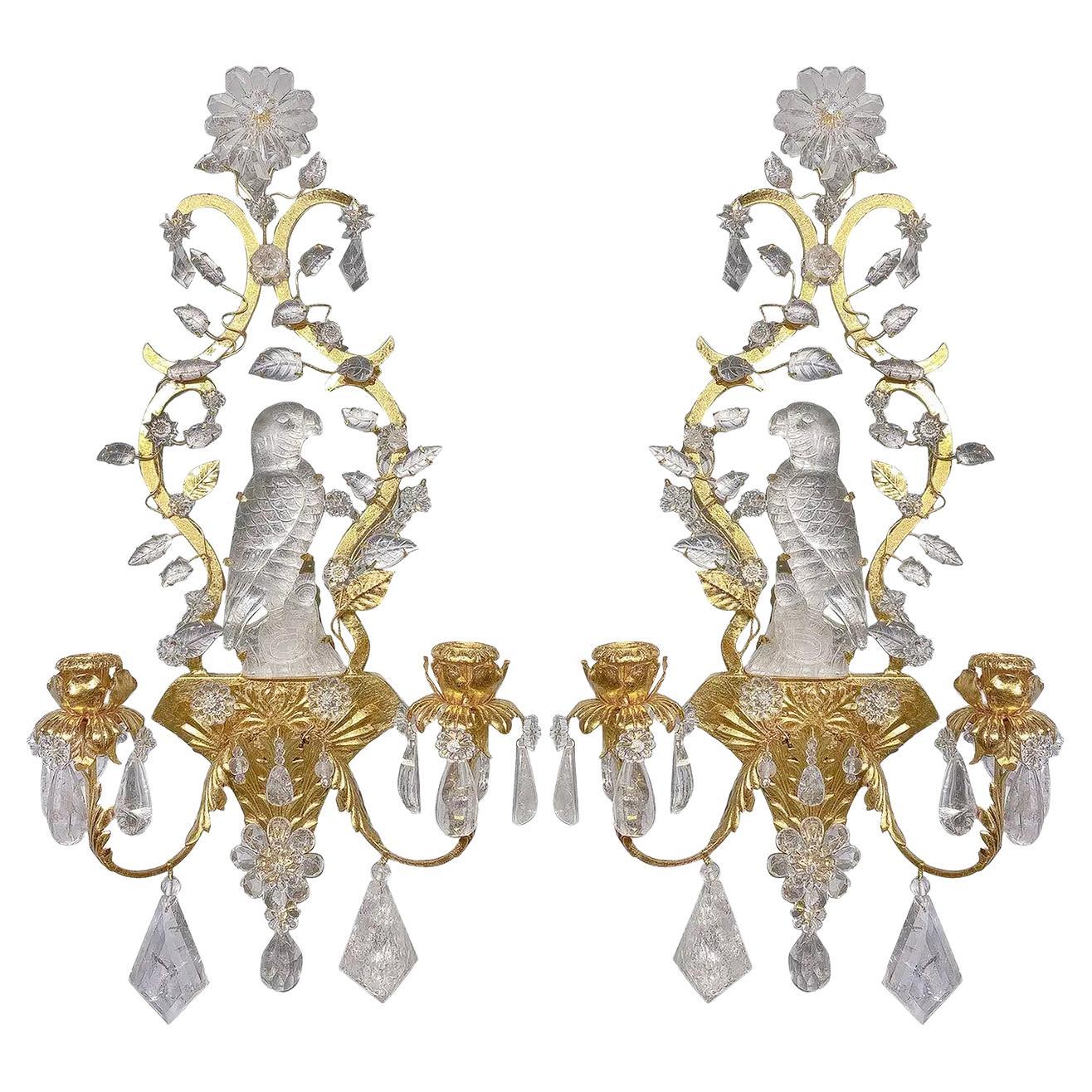 Rock Crystal and Gilt Bronze Sconces with Floral Accents & Carved Perched Parrot For Sale