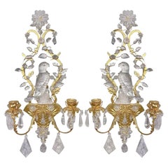 Rock Crystal and Gilt Bronze Sconces with Floral Accents & Carved Perched Parrot