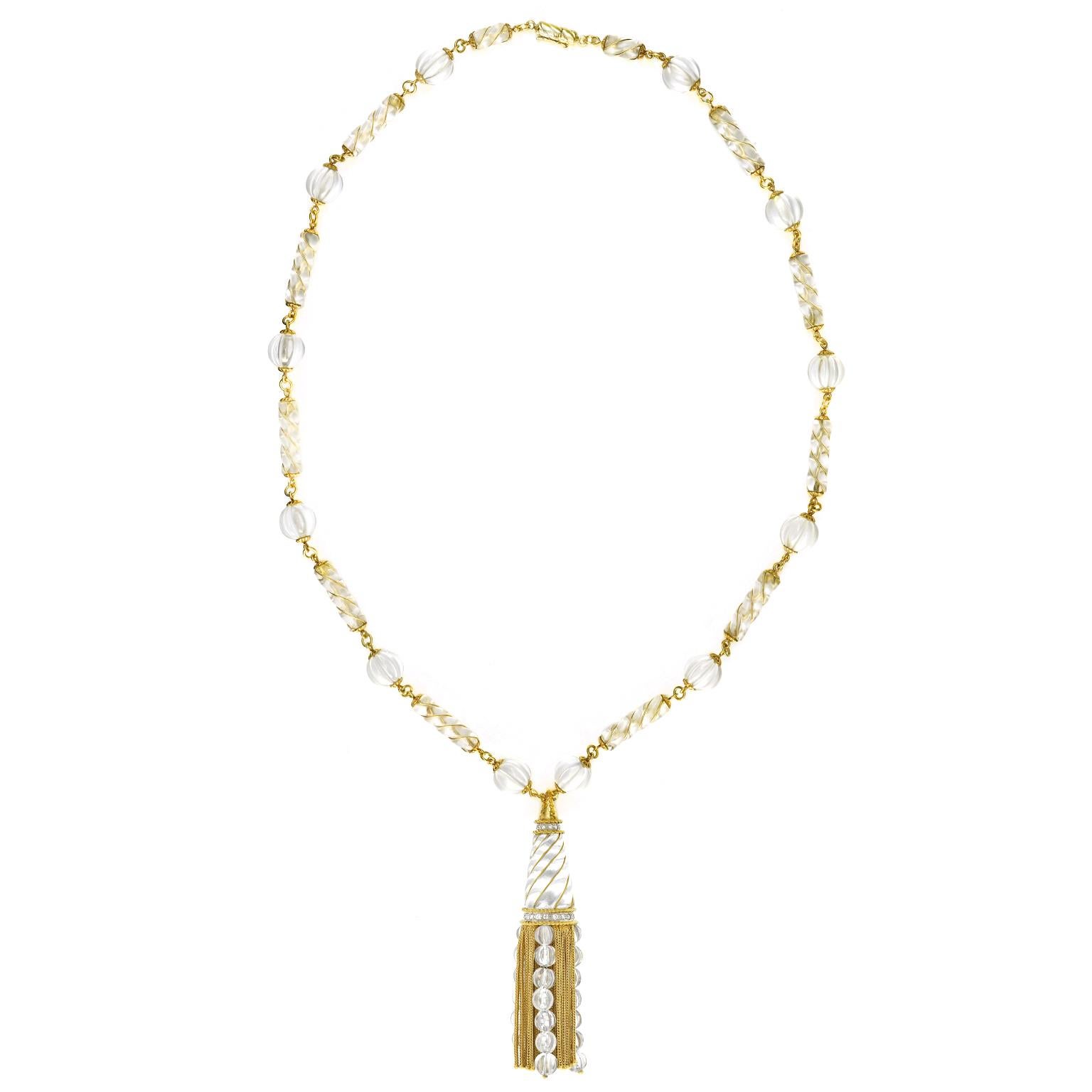 Cabochon Rock Crystal and Gold Tassel Necklace