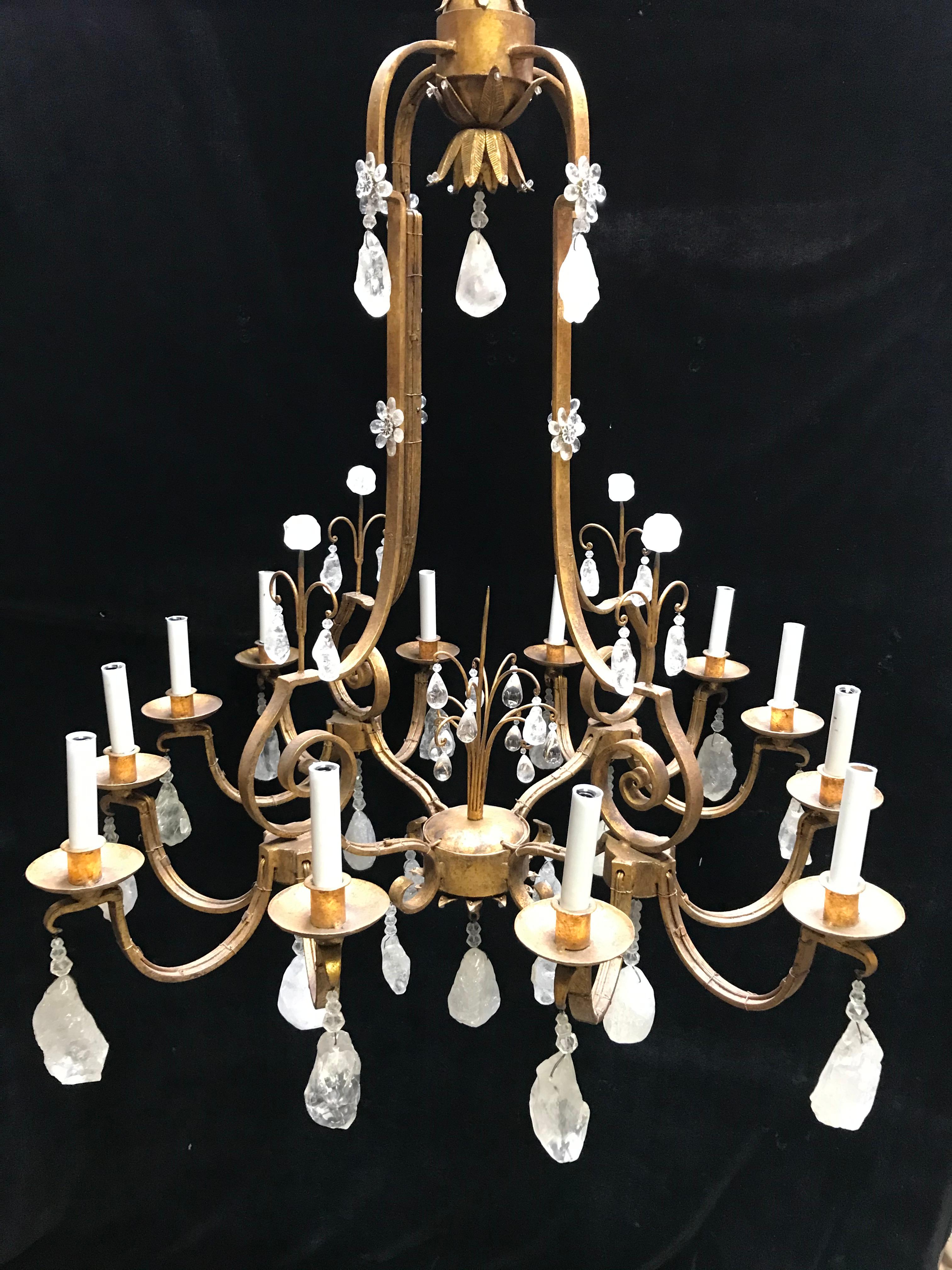 American Rock Crystal and Hand Forged Iron Chandelier For Sale