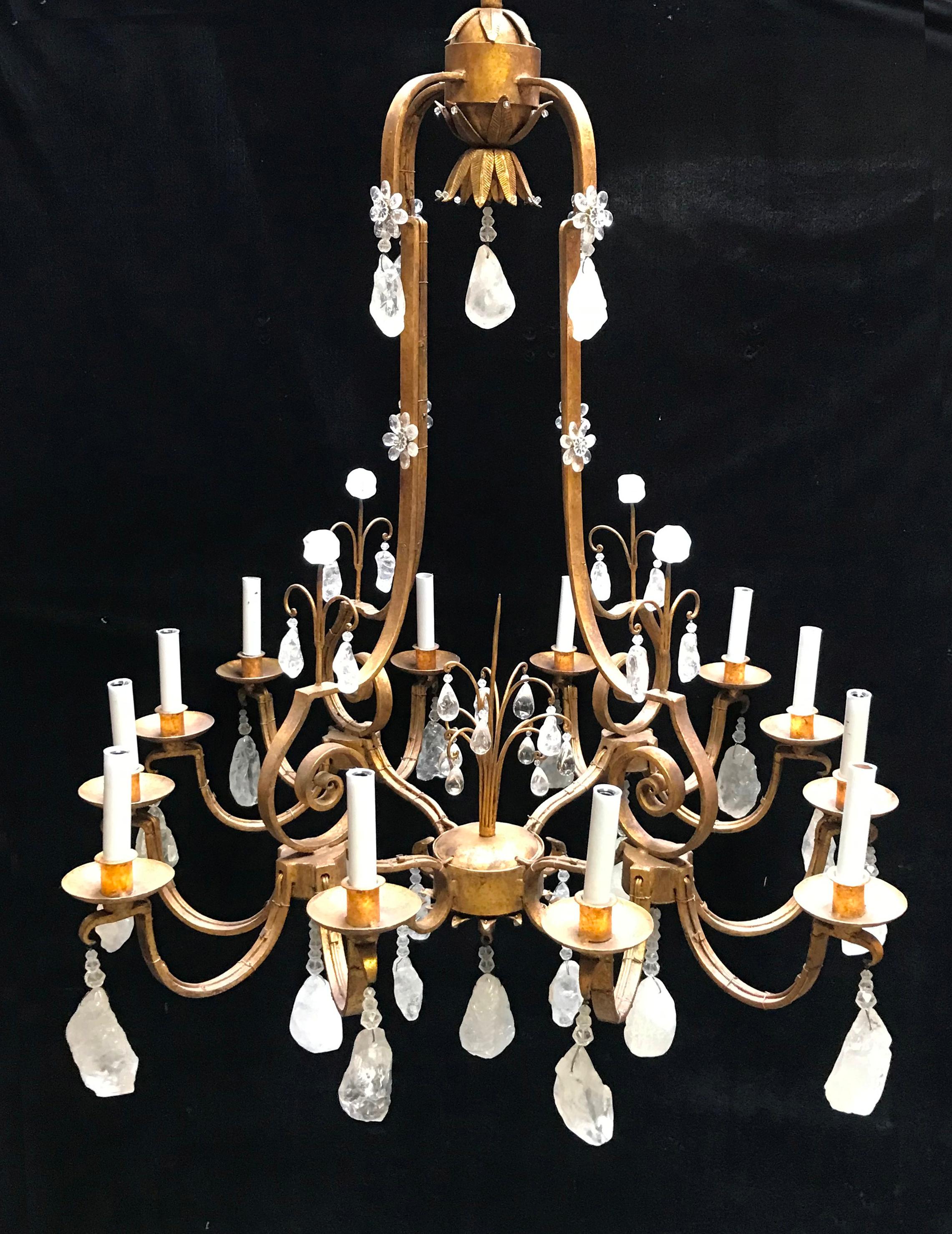 Hand-Carved Rock Crystal and Hand Forged Iron Chandelier For Sale