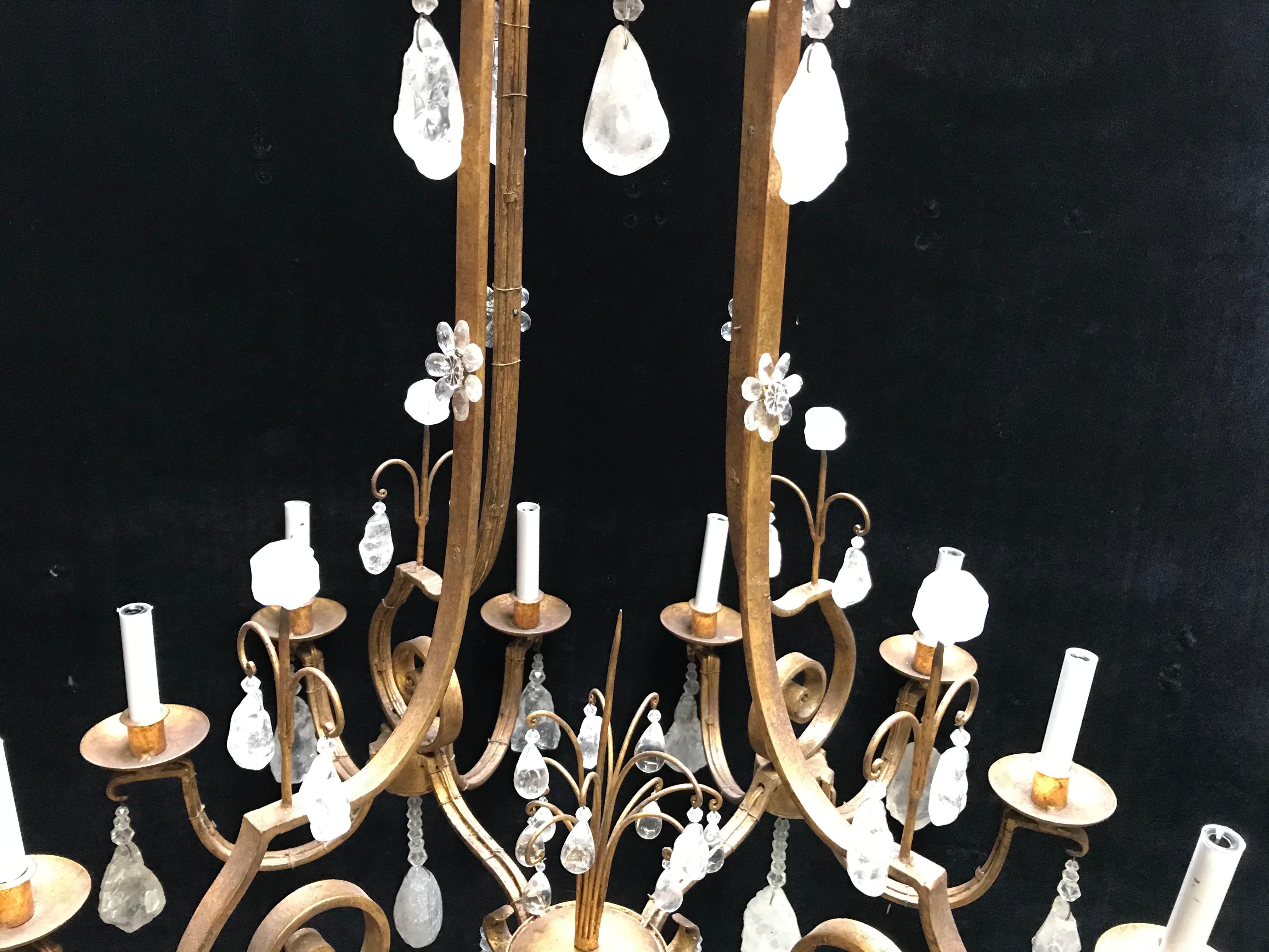 Contemporary Rock Crystal and Hand Forged Iron Chandelier For Sale