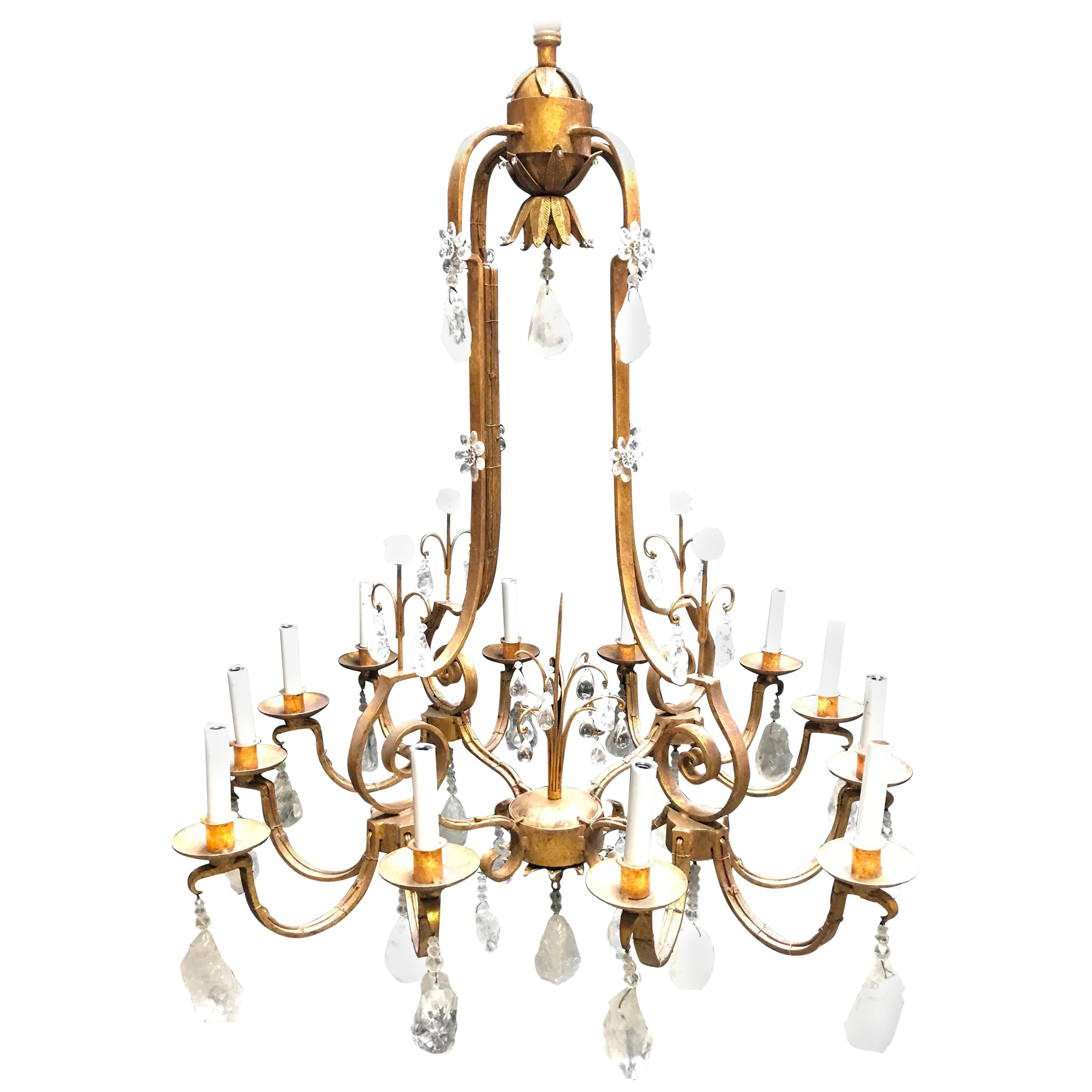 Rock Crystal and Hand Forged Iron Chandelier For Sale