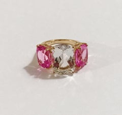 Rock Crystal and Hot Pink Topaz Yellow Gold Three-Stone Cushion Ring