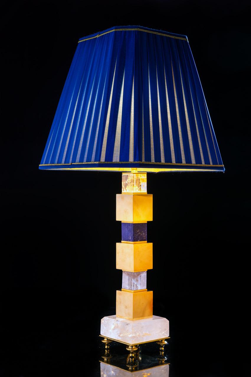 French Rock Crystal and Lapis Lazuli Art Deco Style Pair of Lamps by Alexandre Vossion For Sale