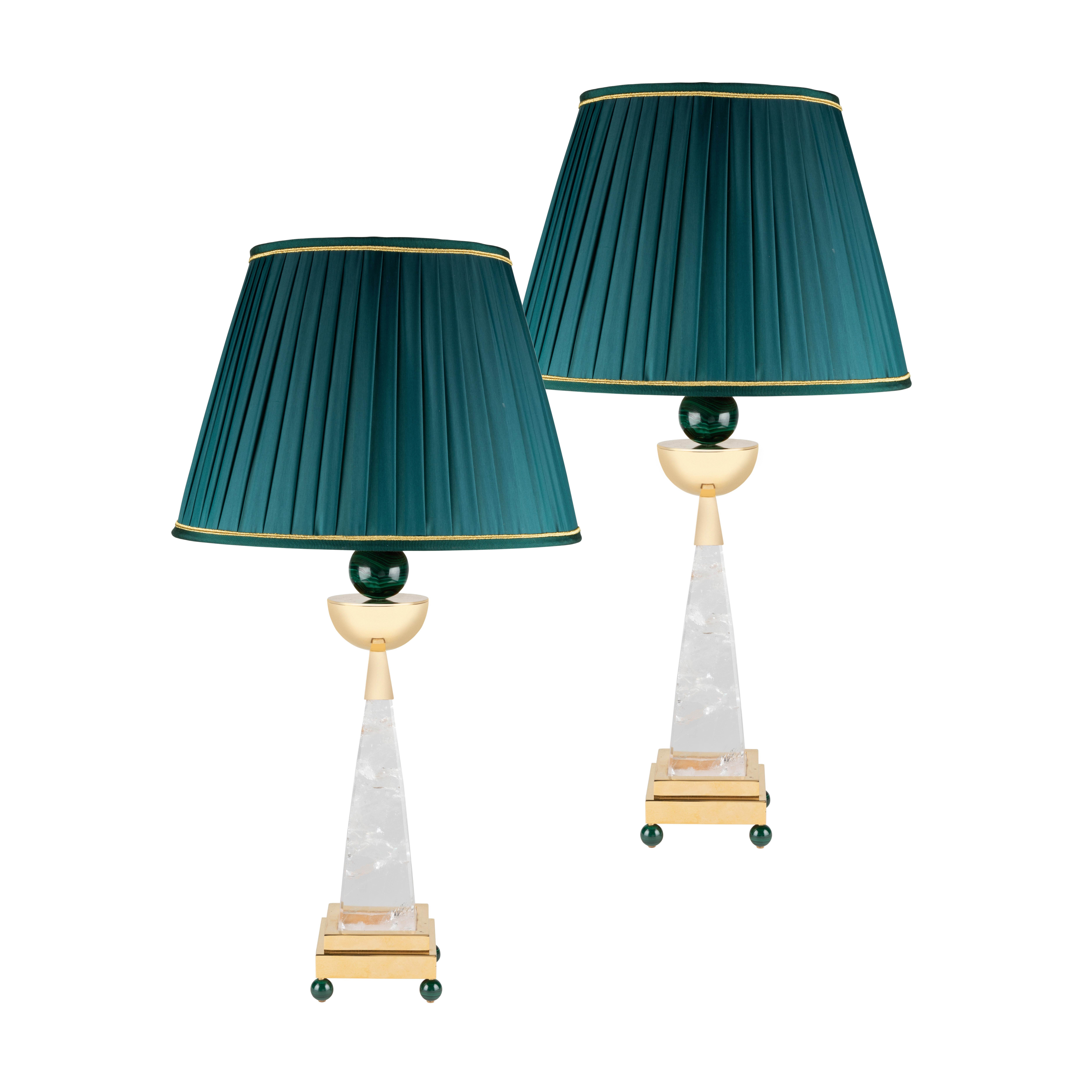 Rock crystal, 24 K gold plated brass, malachite, customized lampshades AIKO II model of lamps by Alexandre VOSSION.
Limited edition, made in PARIS.