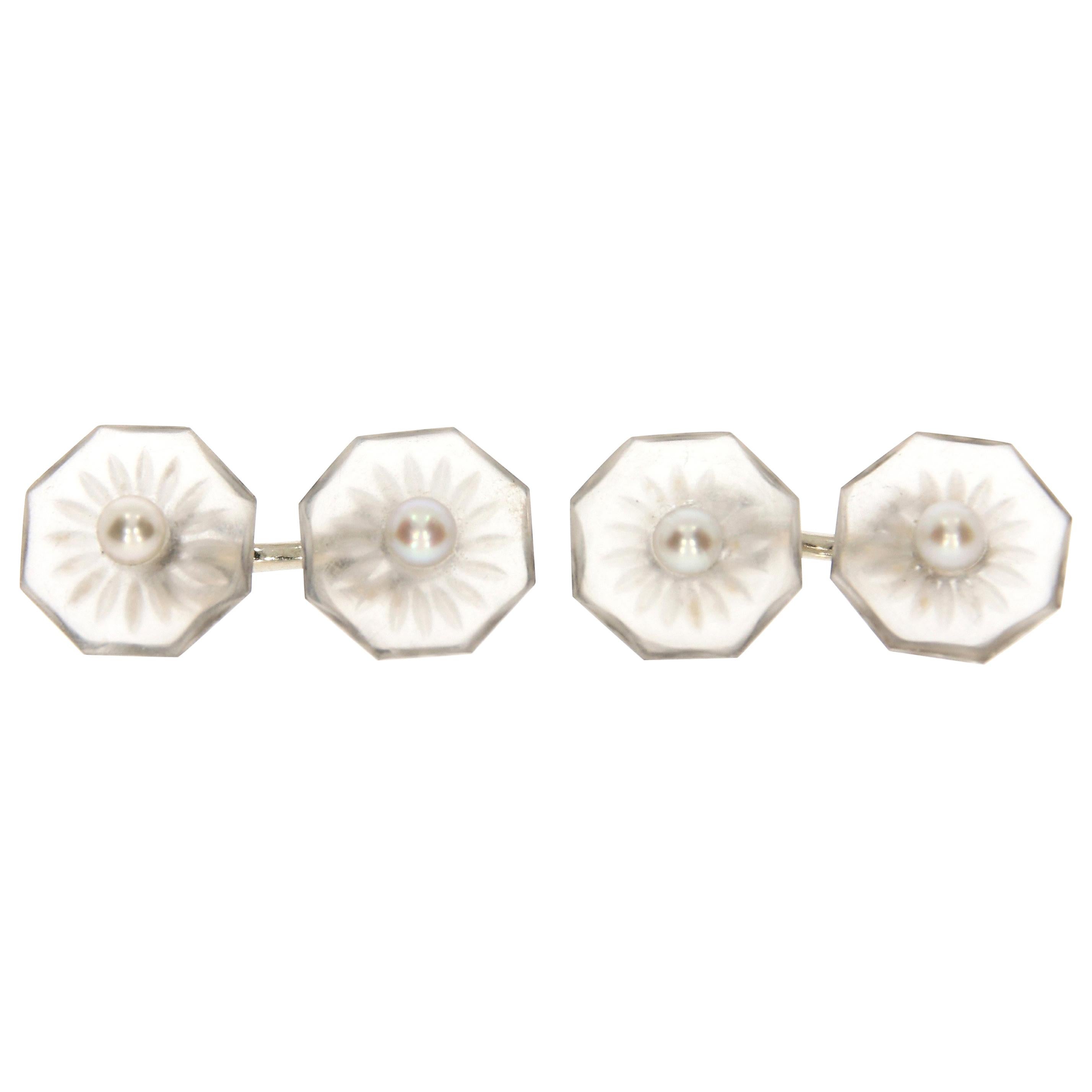 Rock Crystal and Natural Pearl Platinum Cufflinks, circa 1925 For Sale