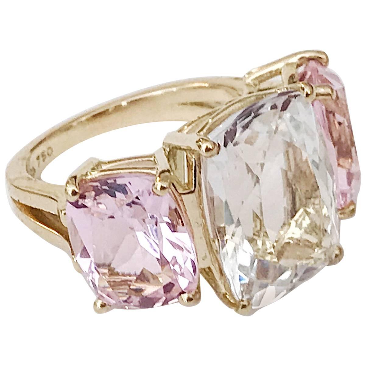 Rock Crystal and Pink Topaz Yellow Gold Three-Stone Cushion Ring For Sale