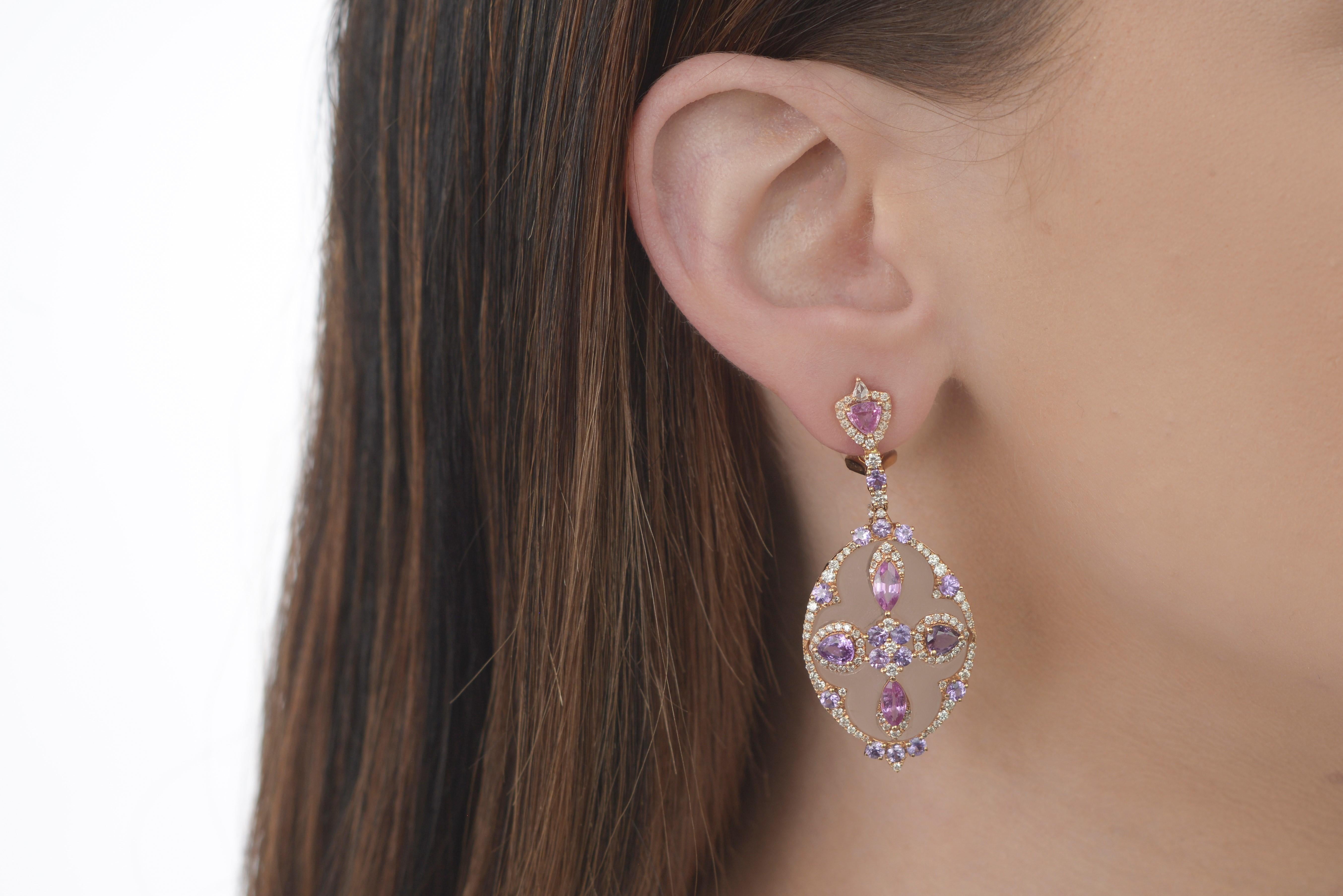 Contemporary Rock Crystal Overlaid with Diamonds and Sapphire Earrings