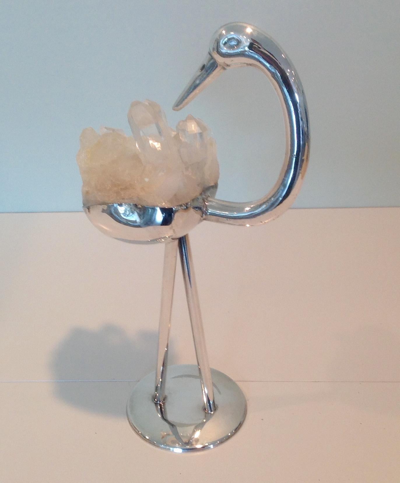 Rock Crystal and Silver Plate Artist Signed Bird Sculpture In Good Condition For Sale In Keego Harbor, MI