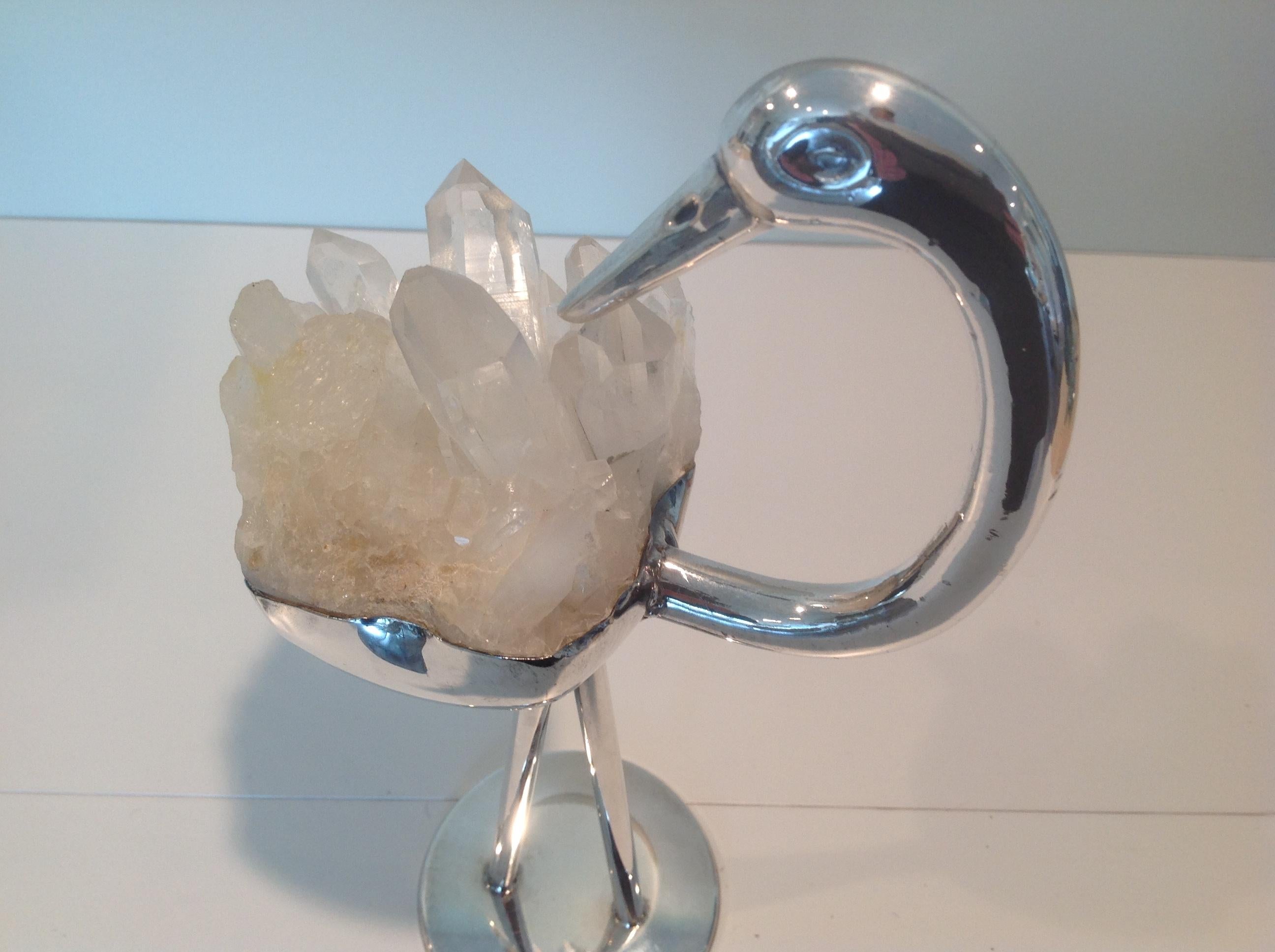 Late 20th Century Rock Crystal and Silver Plate Artist Signed Bird Sculpture For Sale