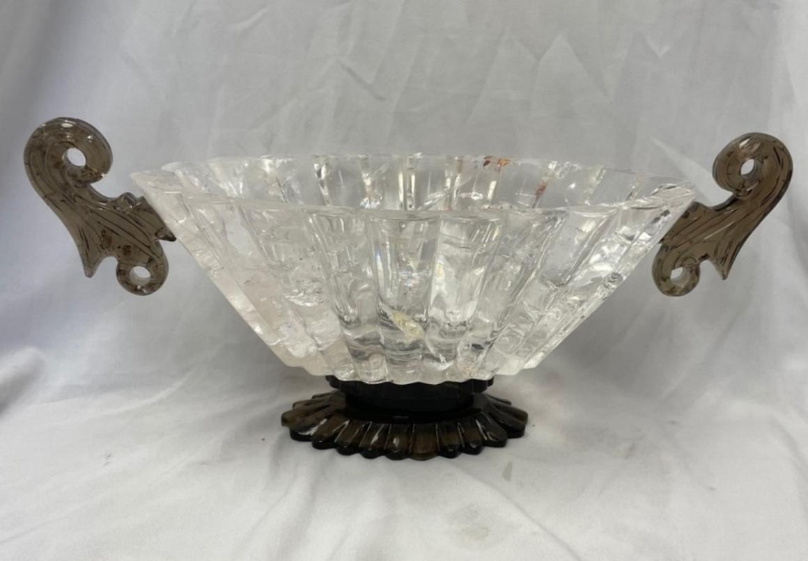 Italian Rock Crystal and Smokey Scalloped bowl Center Piece For Sale